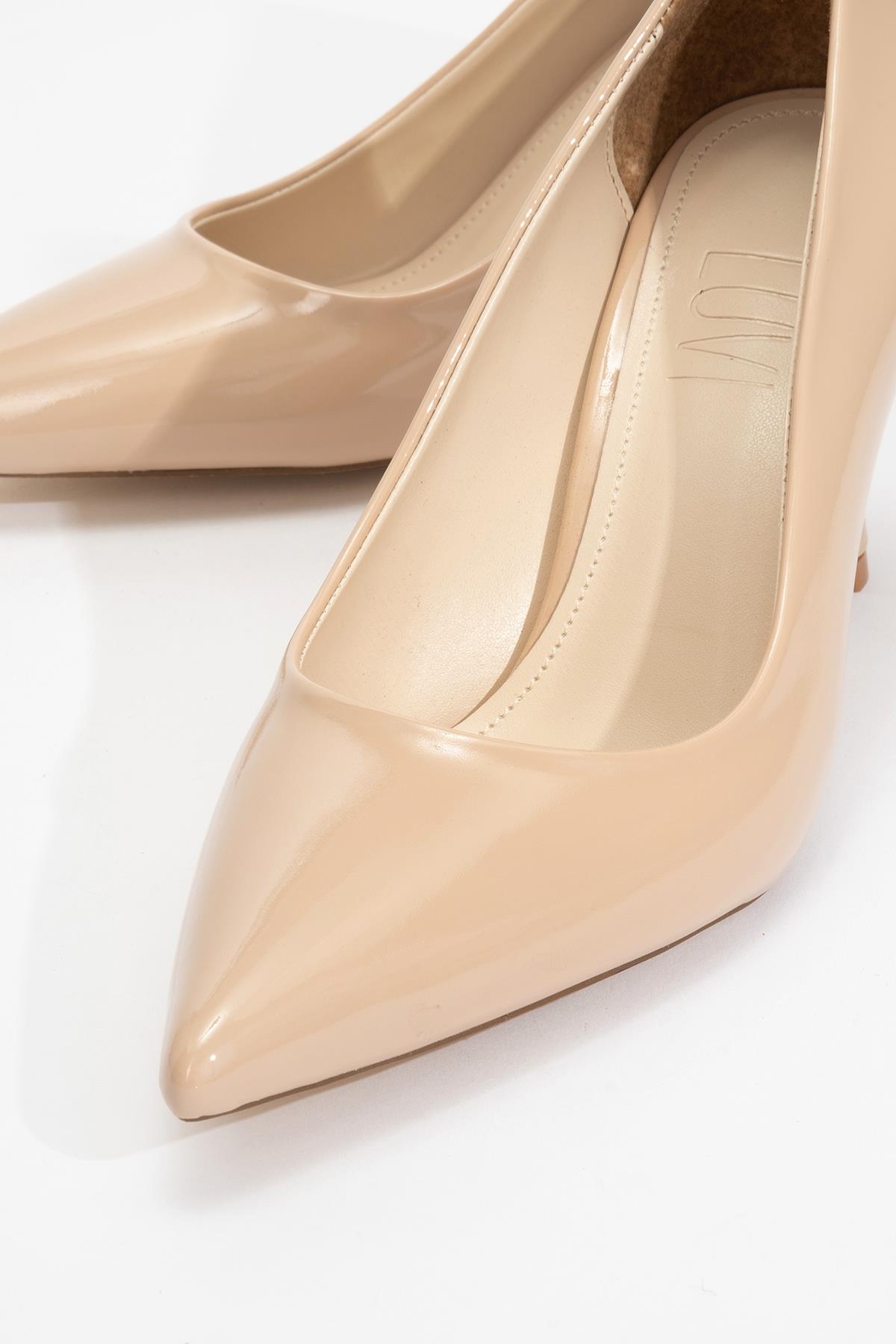 Calse - Dark Beige Patent Heeled Shoe – detail view showing leather, SimmiUnique
