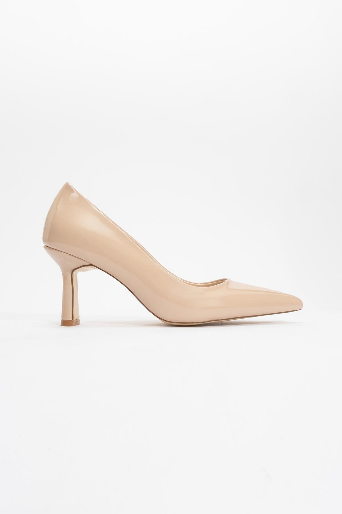 Calse - Dark Beige Patent Heeled Shoe – heel view showing leather, SimmiUnique