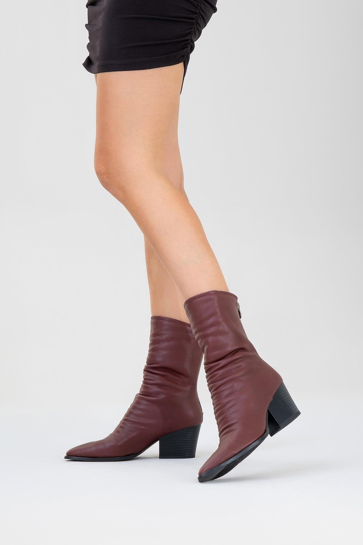 Laval - Burgundy Back-Zip Block Heel Boot – side view showing leather, SimmiUnique