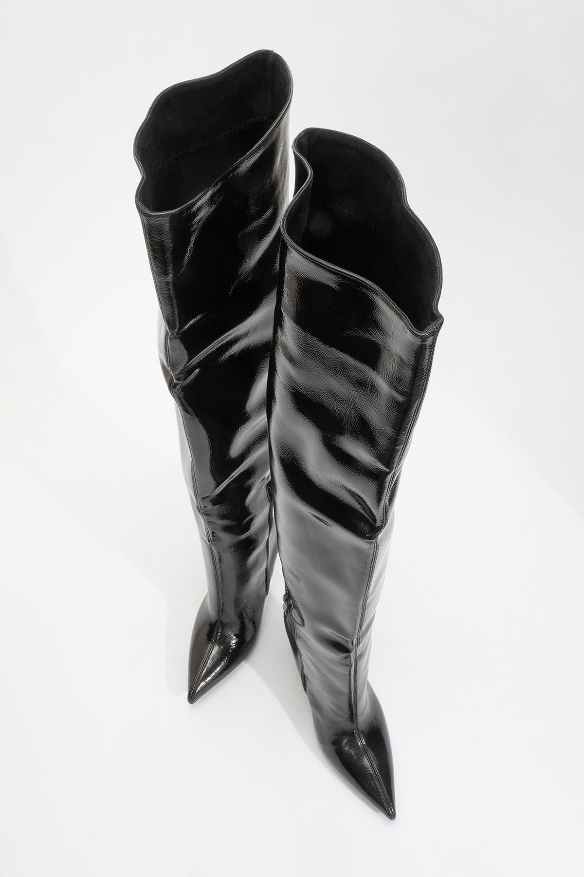 Cleja - Black Patent Slim Heel Over-The-Knee Boot – detail view showing leather, black, SimmiUnique