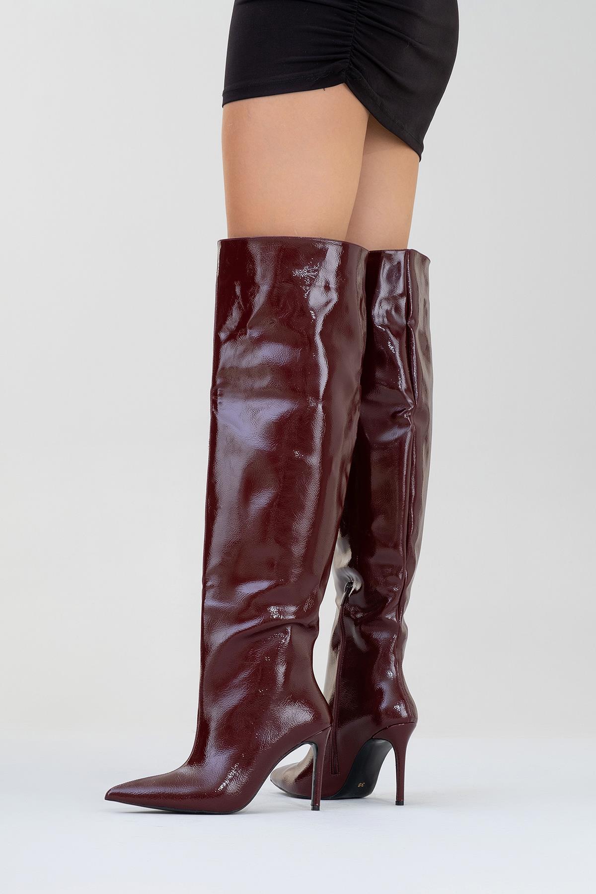 Cleja - Burgundy Patent Stiletto Heel Over-The-Knee Boot – pair view showing leather, SimmiUnique