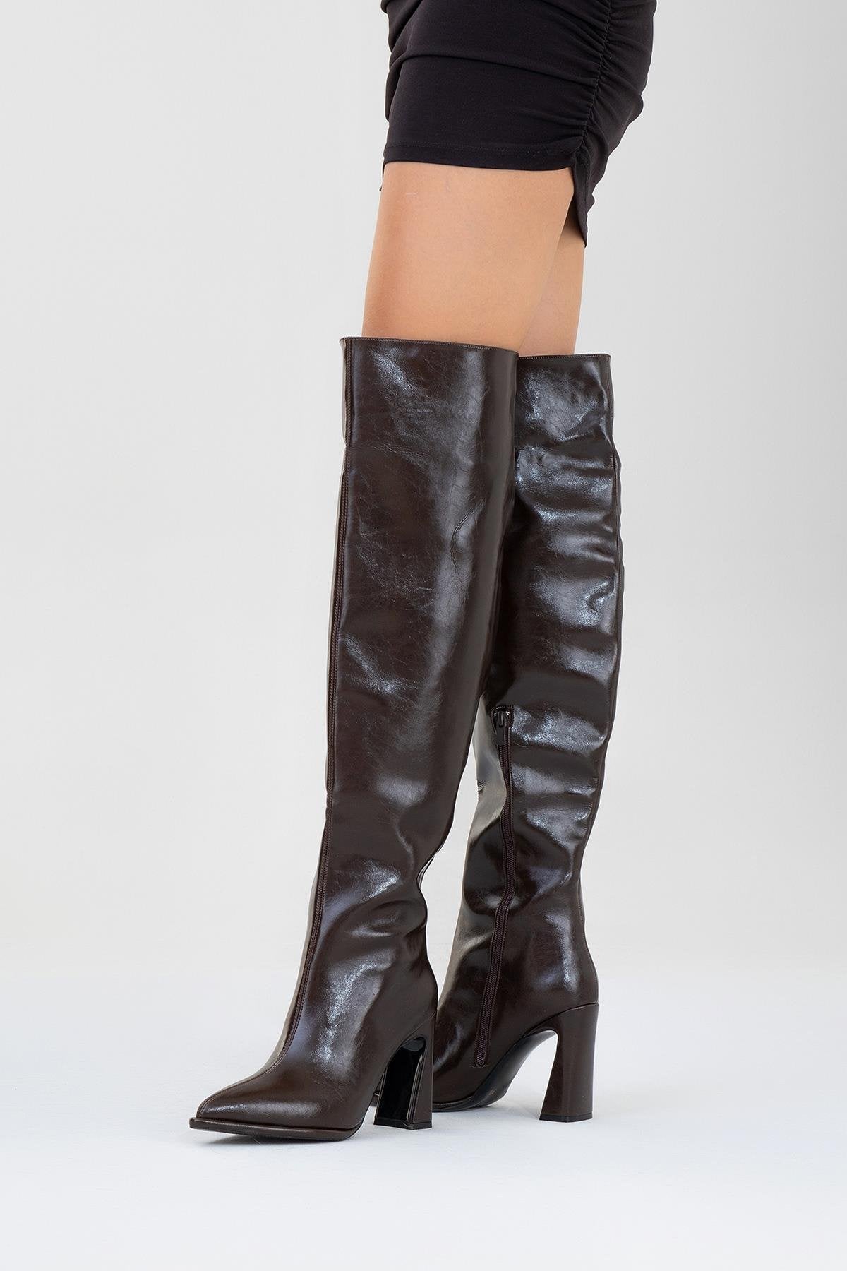 Lepa - Brown Chunky Heel Over-The-Knee Boot – sole view showing leather, SimmiUnique