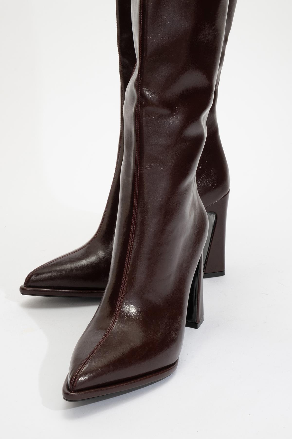 Lepa - Burgundy Chunky Heel Over-The-Knee Boot – detail view showing leather, SimmiUnique