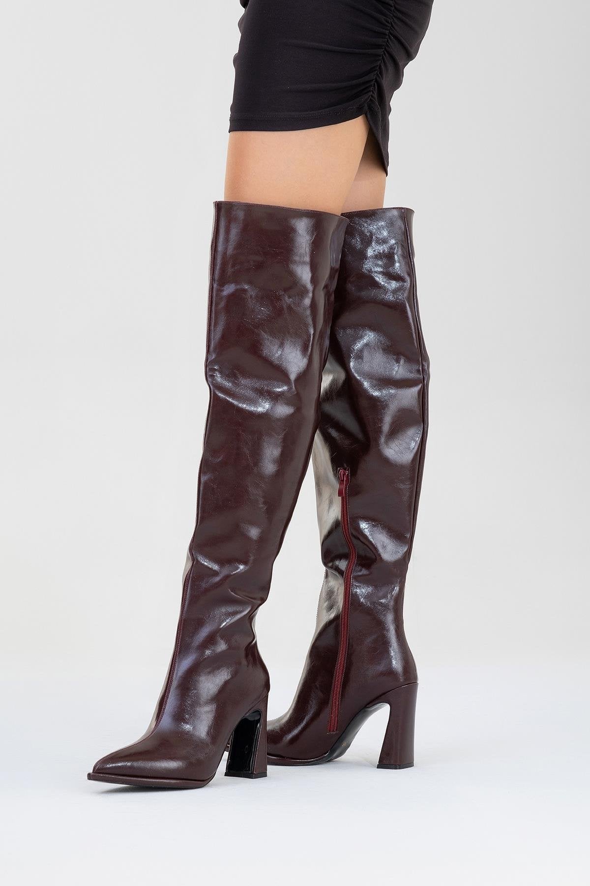 Lepa - Burgundy Chunky Heel Over-The-Knee Boot – sole view showing leather, SimmiUnique