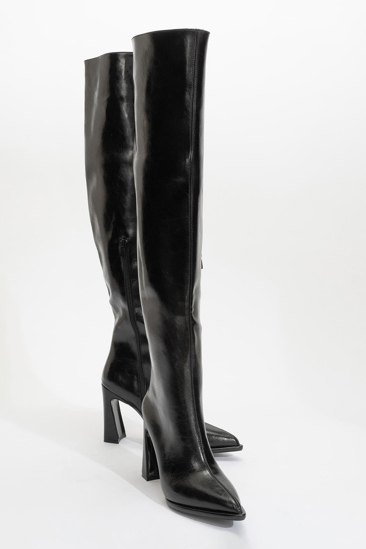 Lepa - Black Chunky Heel Over-The-Knee Boot – front three-quarter view showing leather, black, SimmiUnique