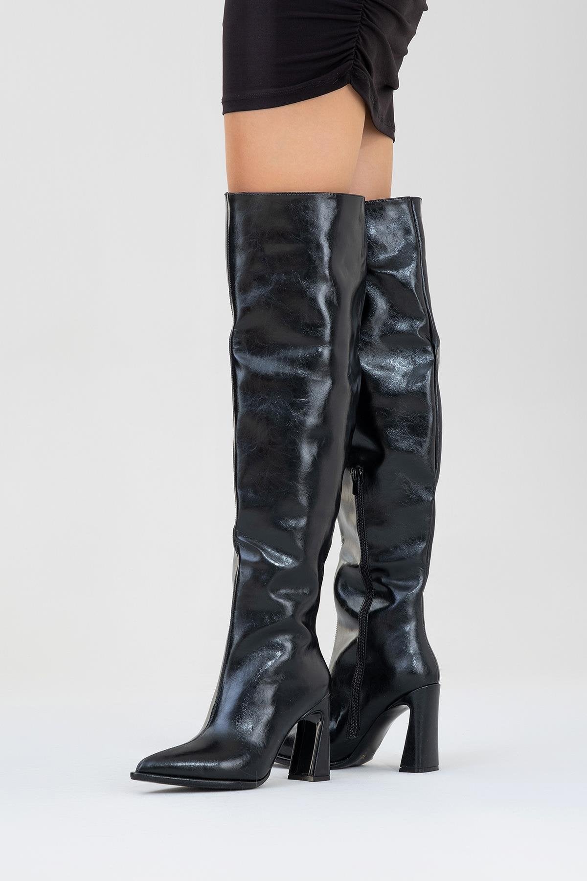 Lepa - Black Chunky Heel Over-The-Knee Boot – sole view showing leather, black, SimmiUnique