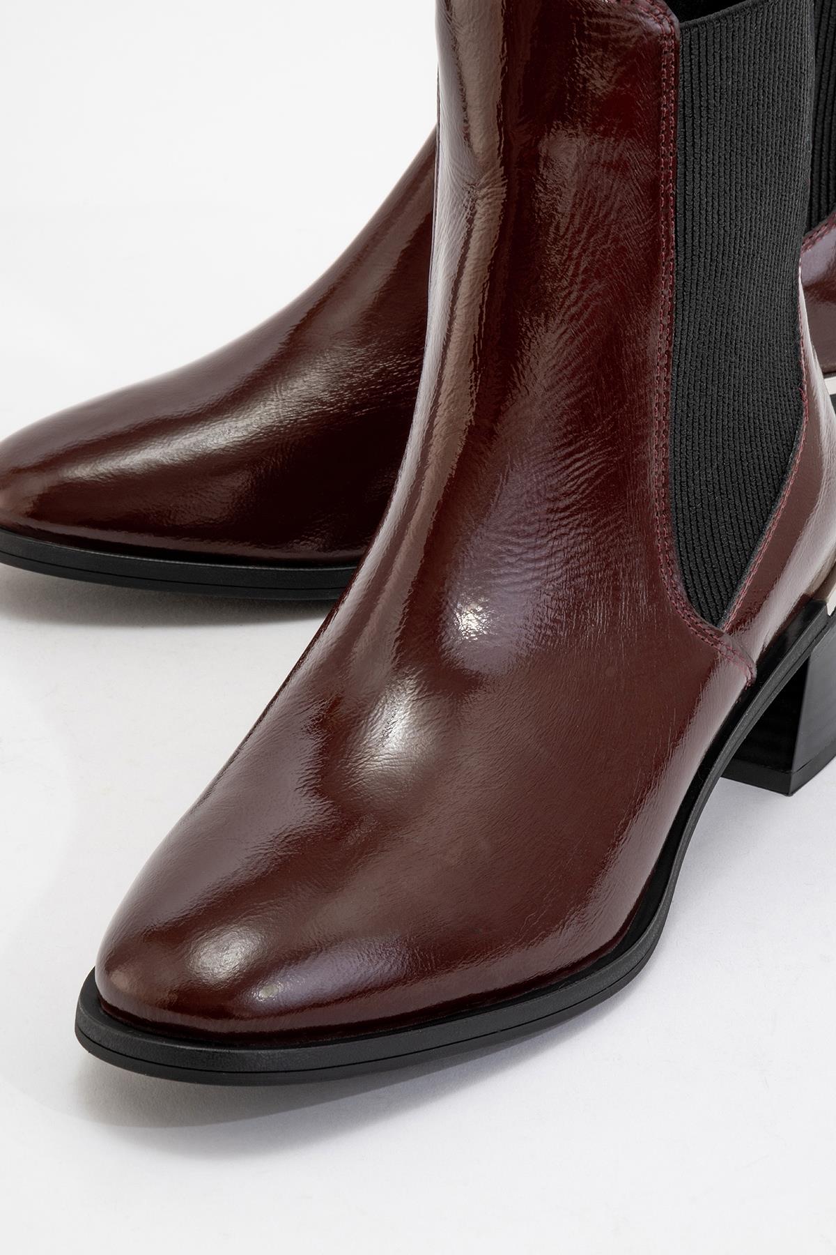 Neiva Burgundy Patent Leather Chelsea Boot – detail view showing leather, red, SimmiUnique
