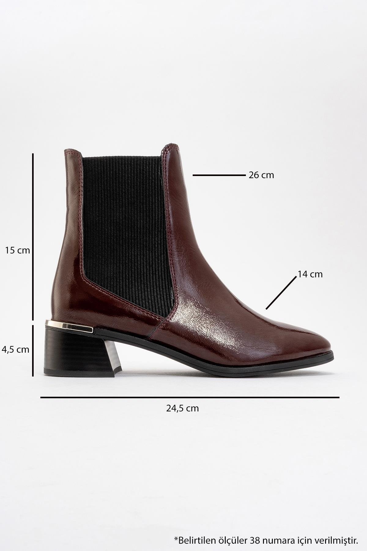Neiva Burgundy Patent Leather Chelsea Boot – heel view showing leather, red, SimmiUnique