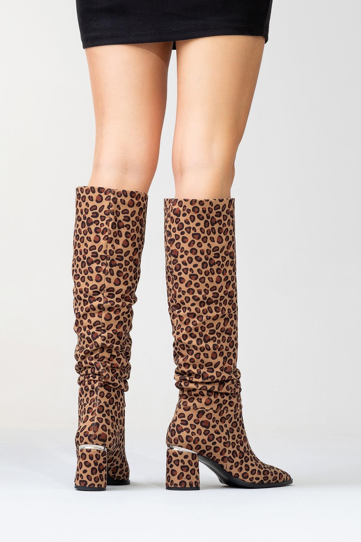 120 - Black Yellow Patterned Gusseted Knee-High Boot – top view showing leather, black, SimmiUnique