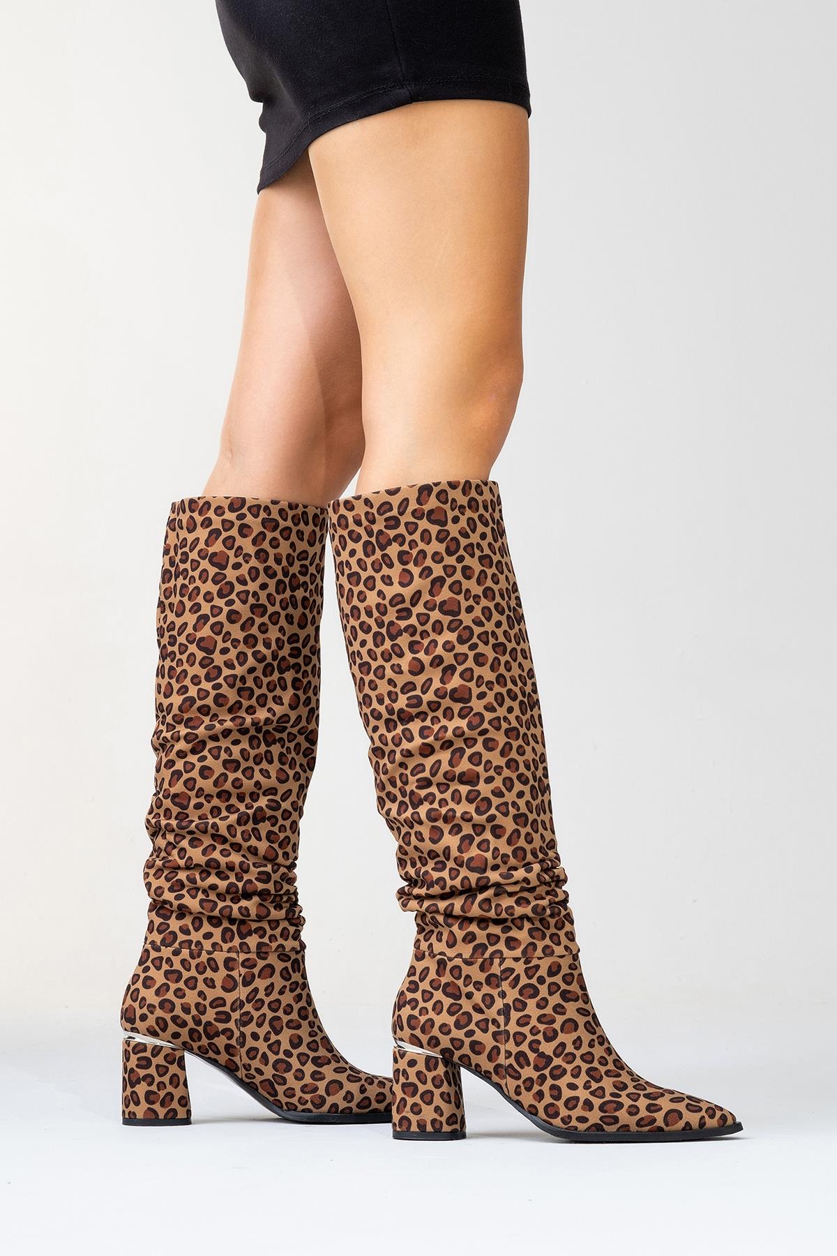 120 - Black Yellow Patterned Gusseted Knee-High Boot – sole view showing leather, black, SimmiUnique