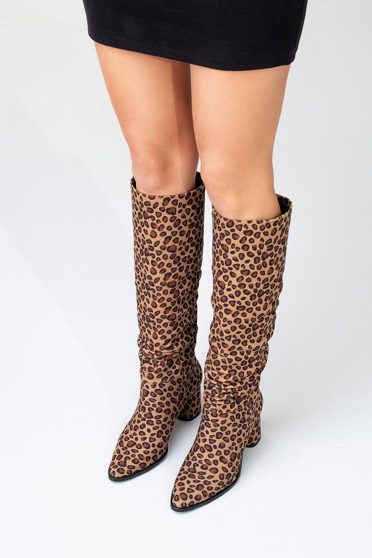 120 - Black Yellow Patterned Gusseted Knee-High Boot – pair view showing leather, black, SimmiUnique