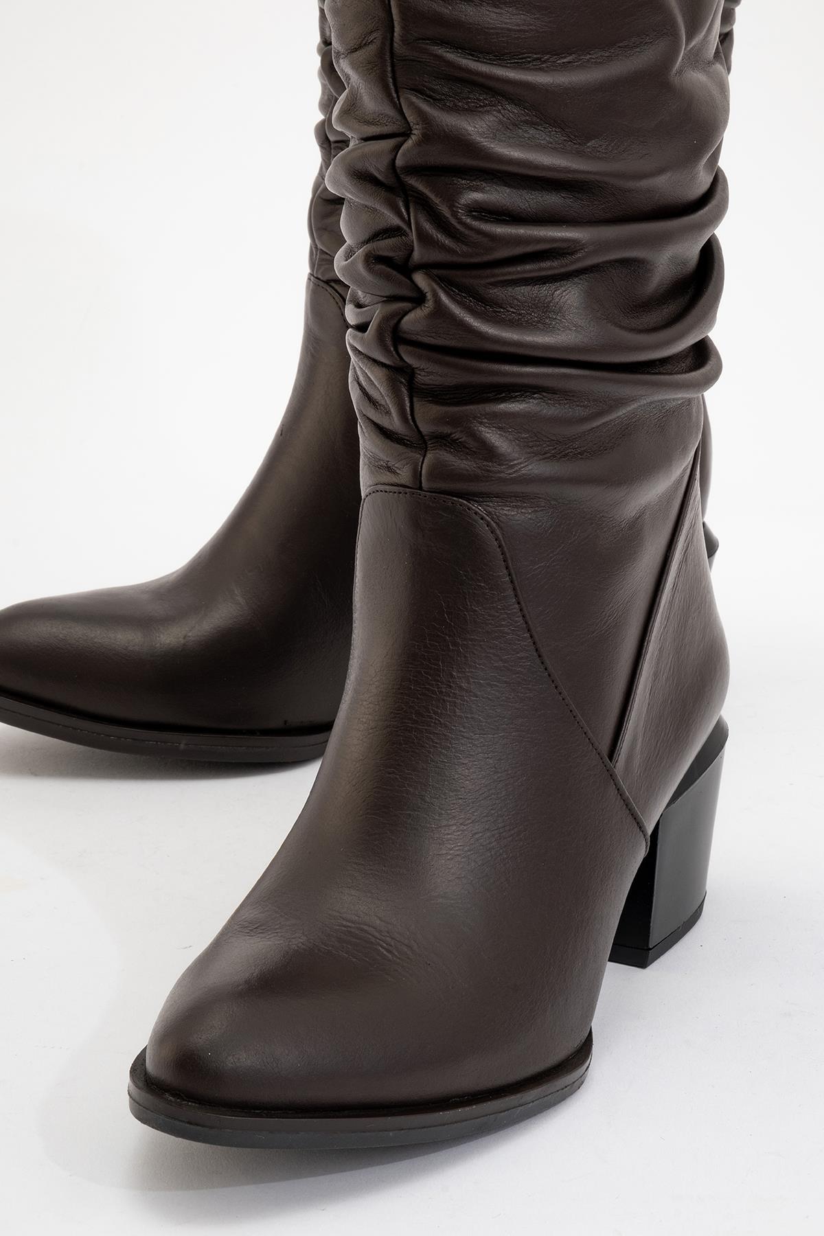 Soule - Cognac Genuine Leather Heeled Short Boot – detail view showing leather, SimmiUnique