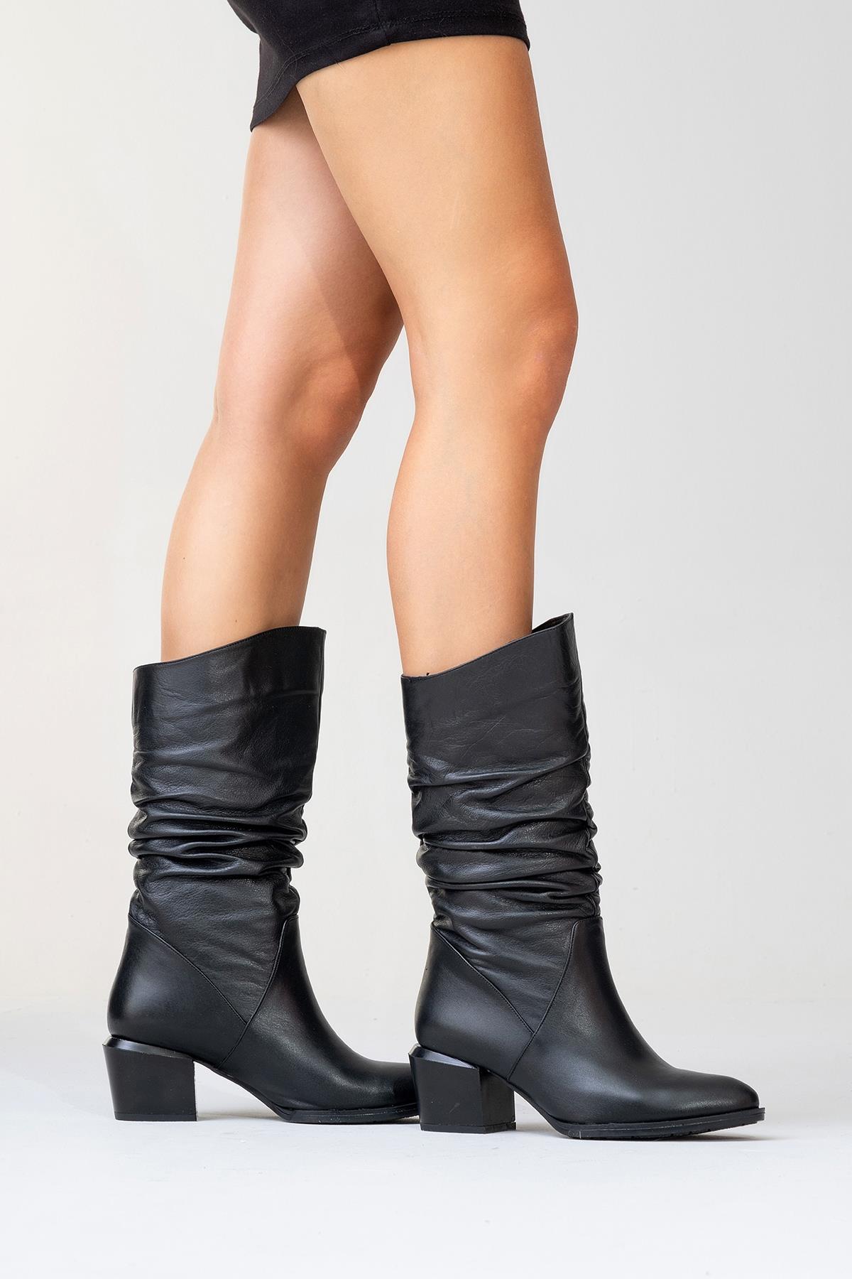 Soule - Black Genuine Leather Heeled Short Boot – back view showing leather, black, SimmiUnique