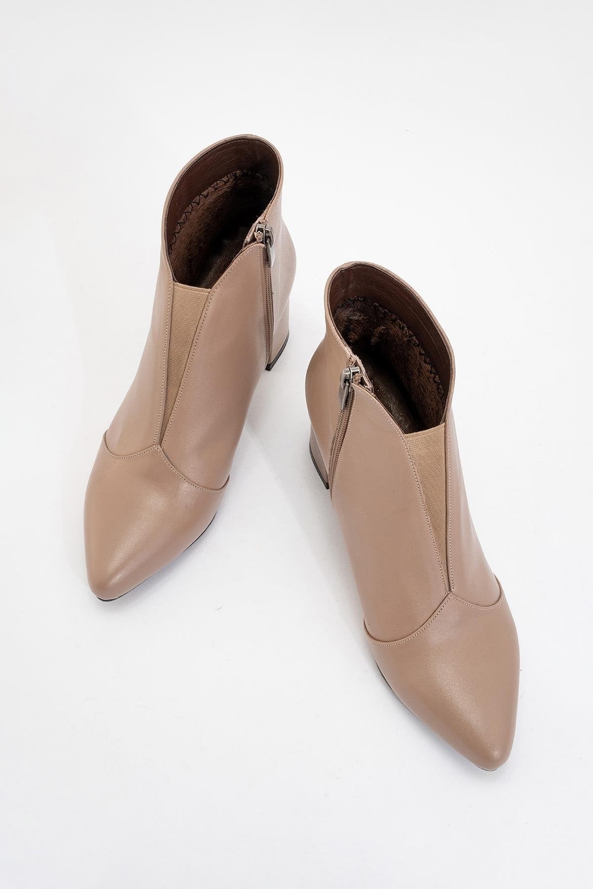 Finda Dark Beige Leather Block‑Heel Boot – side view showing leather, SimmiUnique
