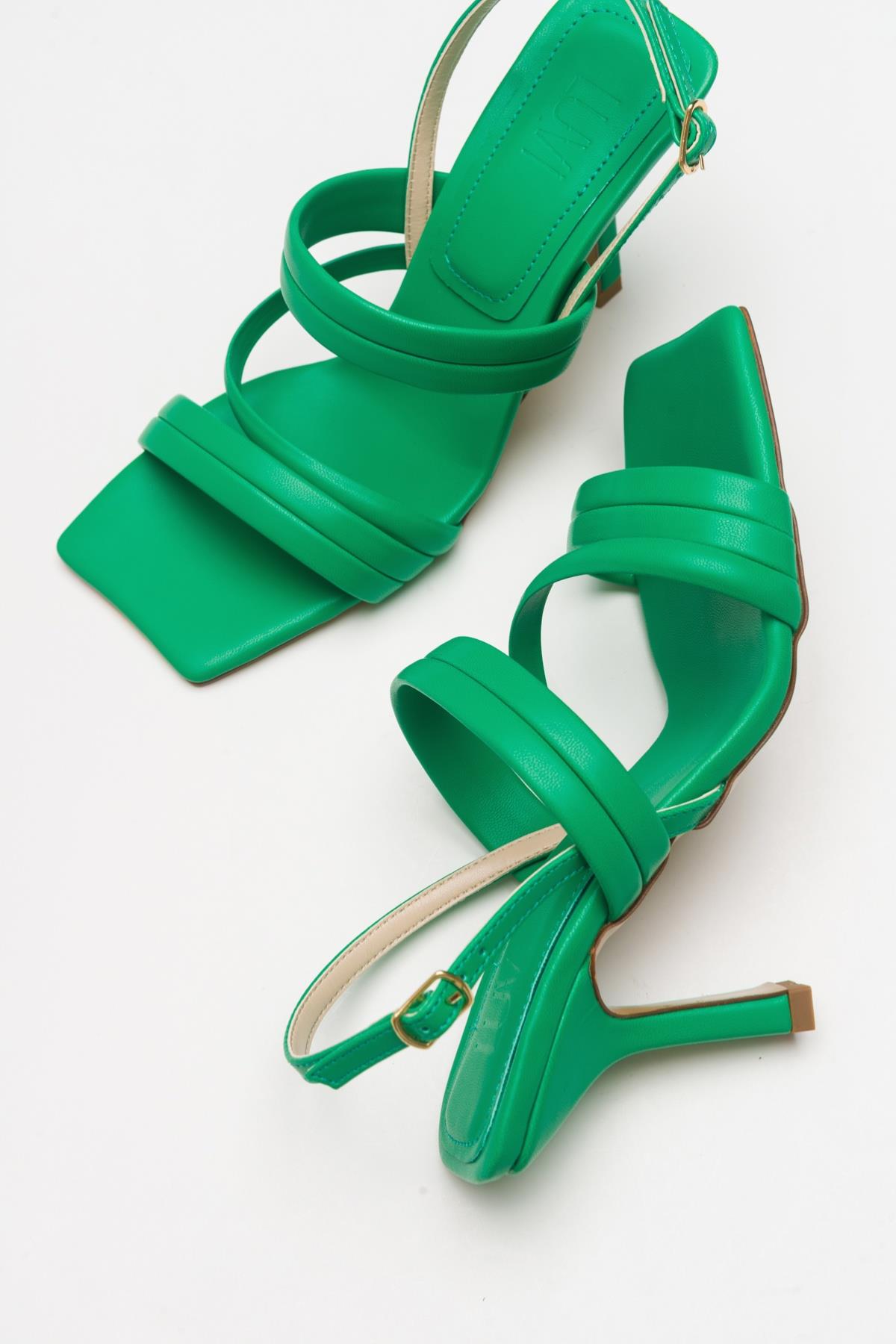 Heel - Green Heeled Sandal – detail view showing leather, green, SimmiUnique