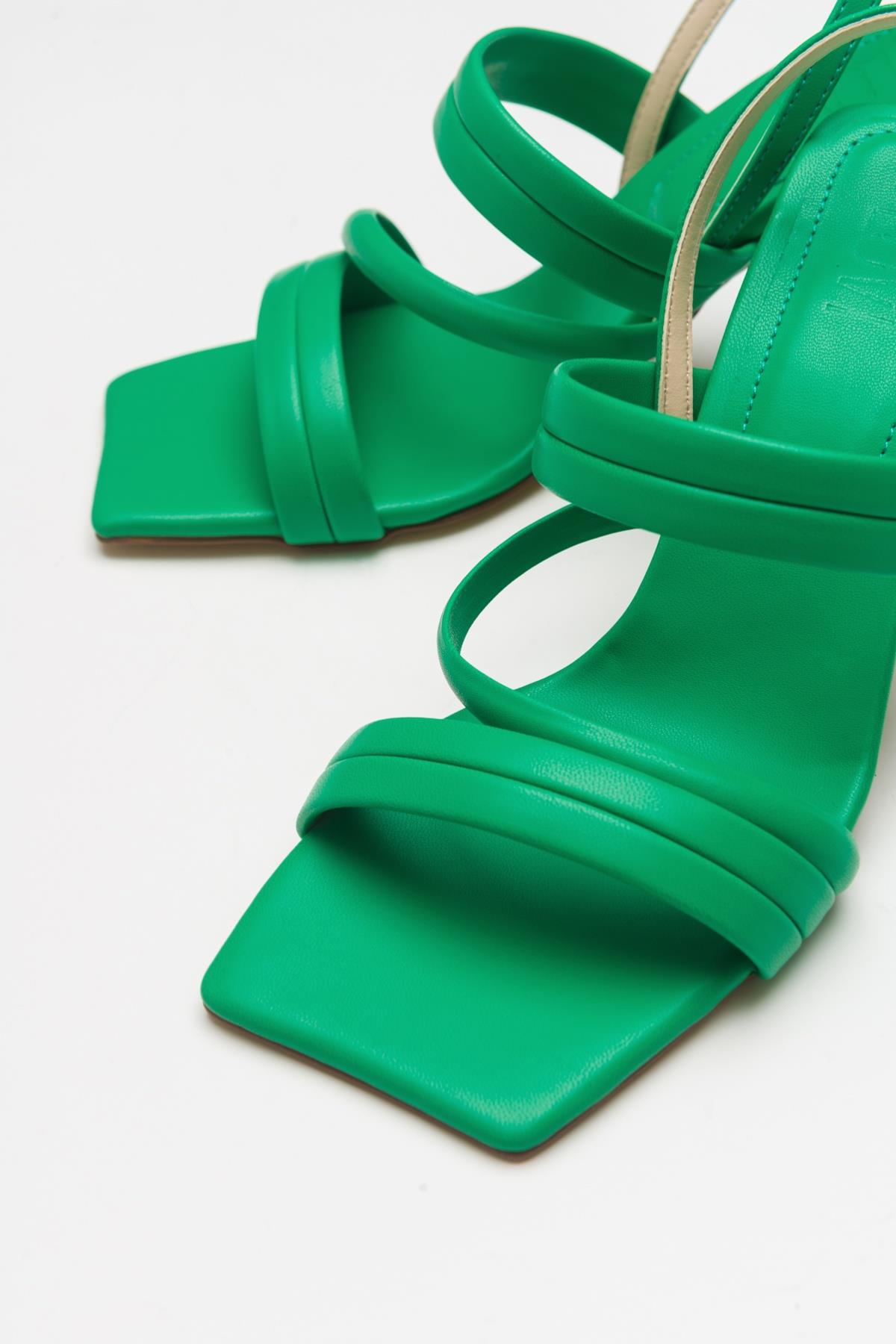 Heel - Green Heeled Sandal – heel view showing leather, green, SimmiUnique