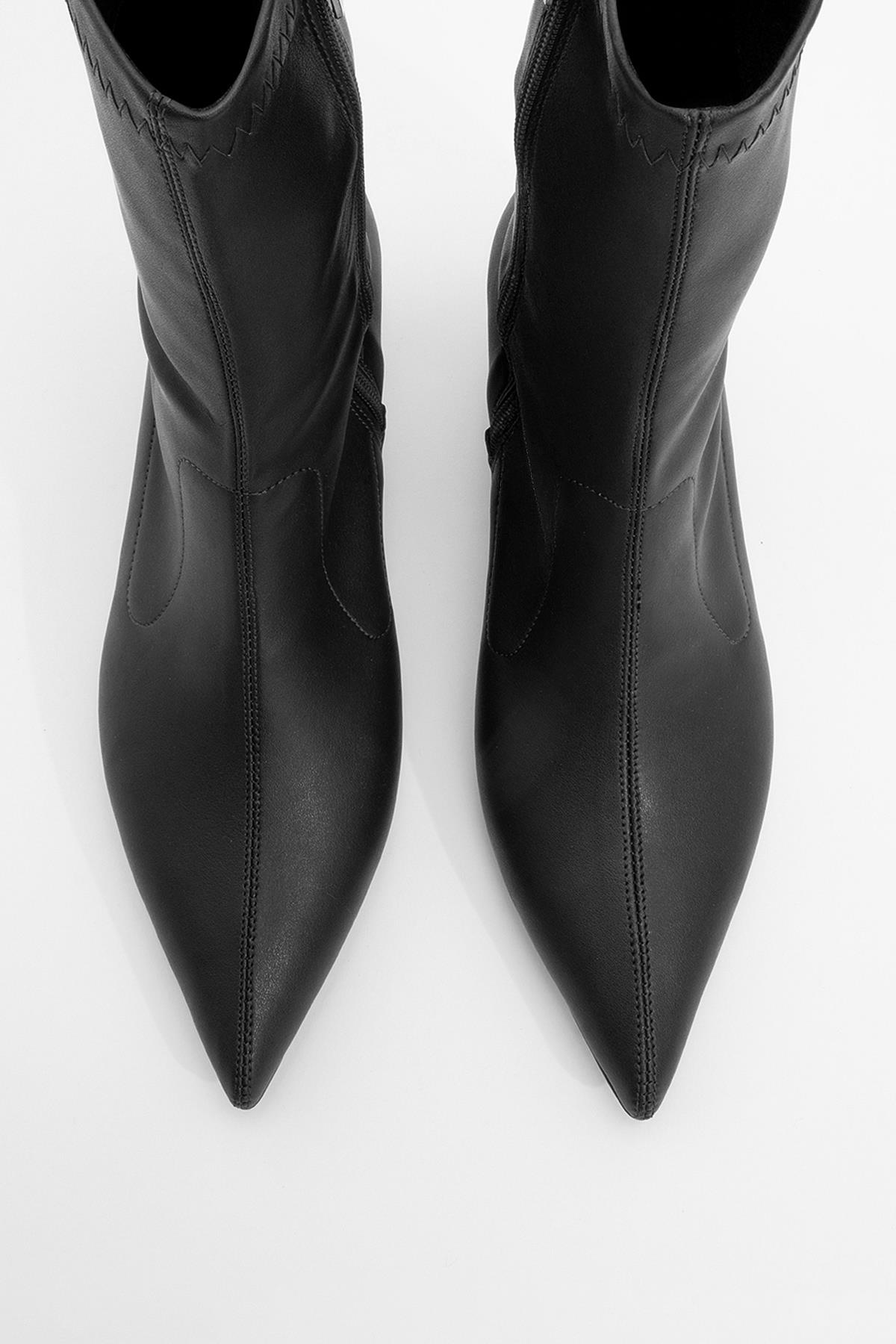 Lewin Black Pointed Toe Stiletto Boot – side view showing leather, black, red, SimmiUnique
