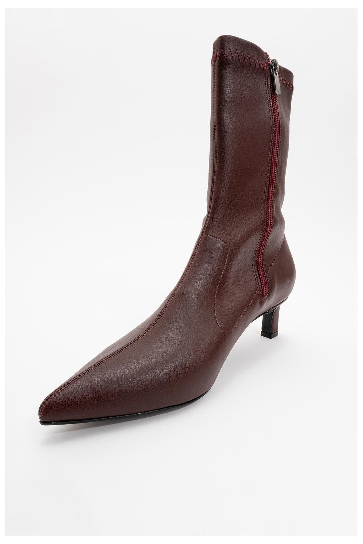 Lewin Burgundy Pointed Toe Stiletto Boot – heel view showing leather, red, SimmiUnique