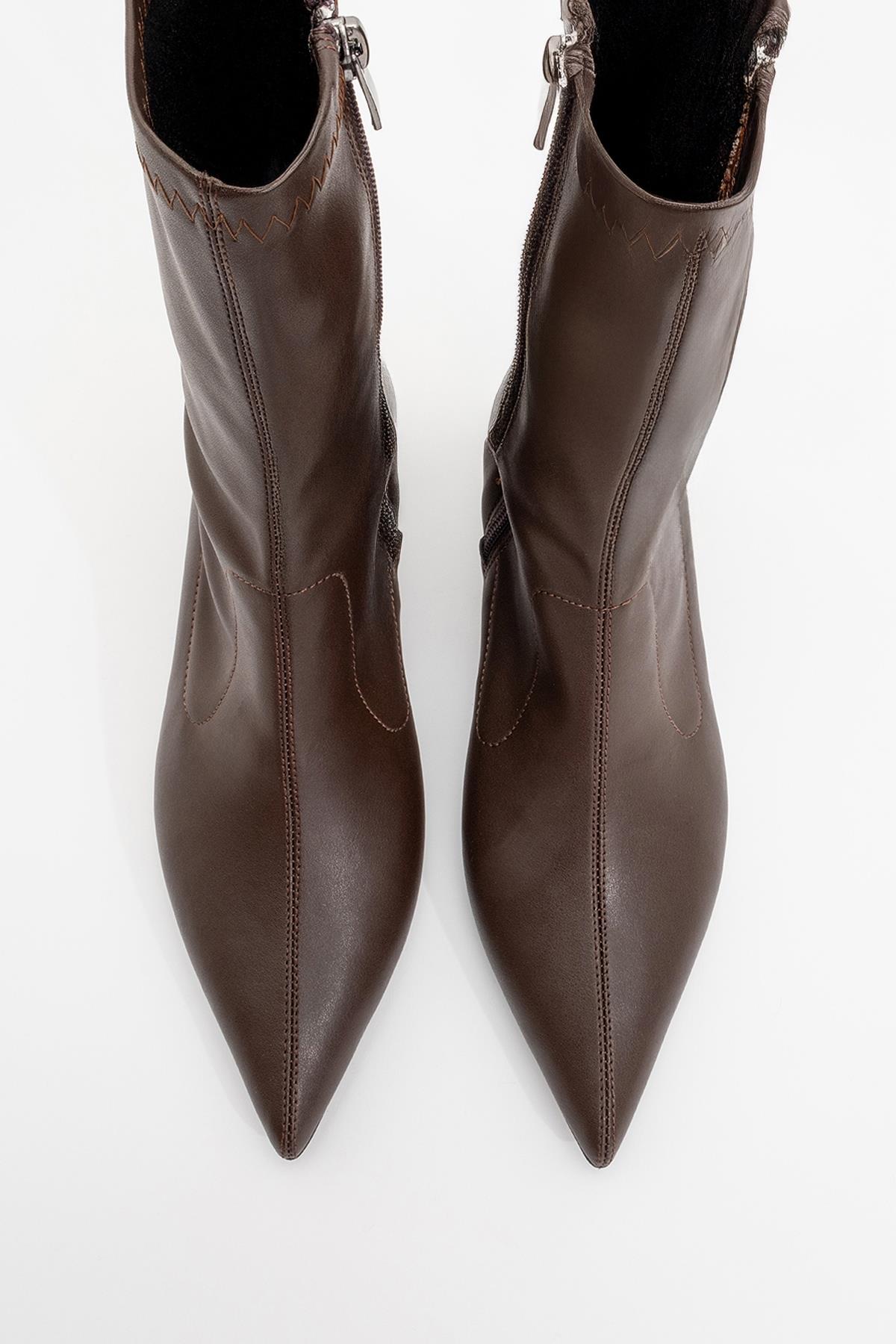 Lewin Brown Pointed Toe Stiletto Boot – side view showing leather, red, SimmiUnique