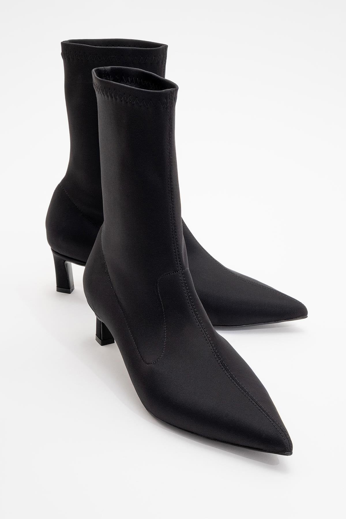 Lewin Black Stretch Pointed Toe Stiletto Boot – front three-quarter view showing leather, black, red, SimmiUnique