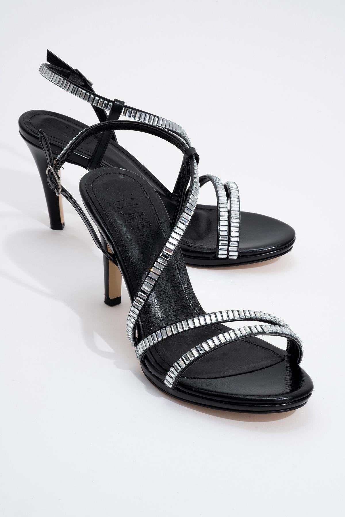 Nuevo - Black Jeweled High-Heel Dress Shoe – front three-quarter view showing leather, black, SimmiUnique