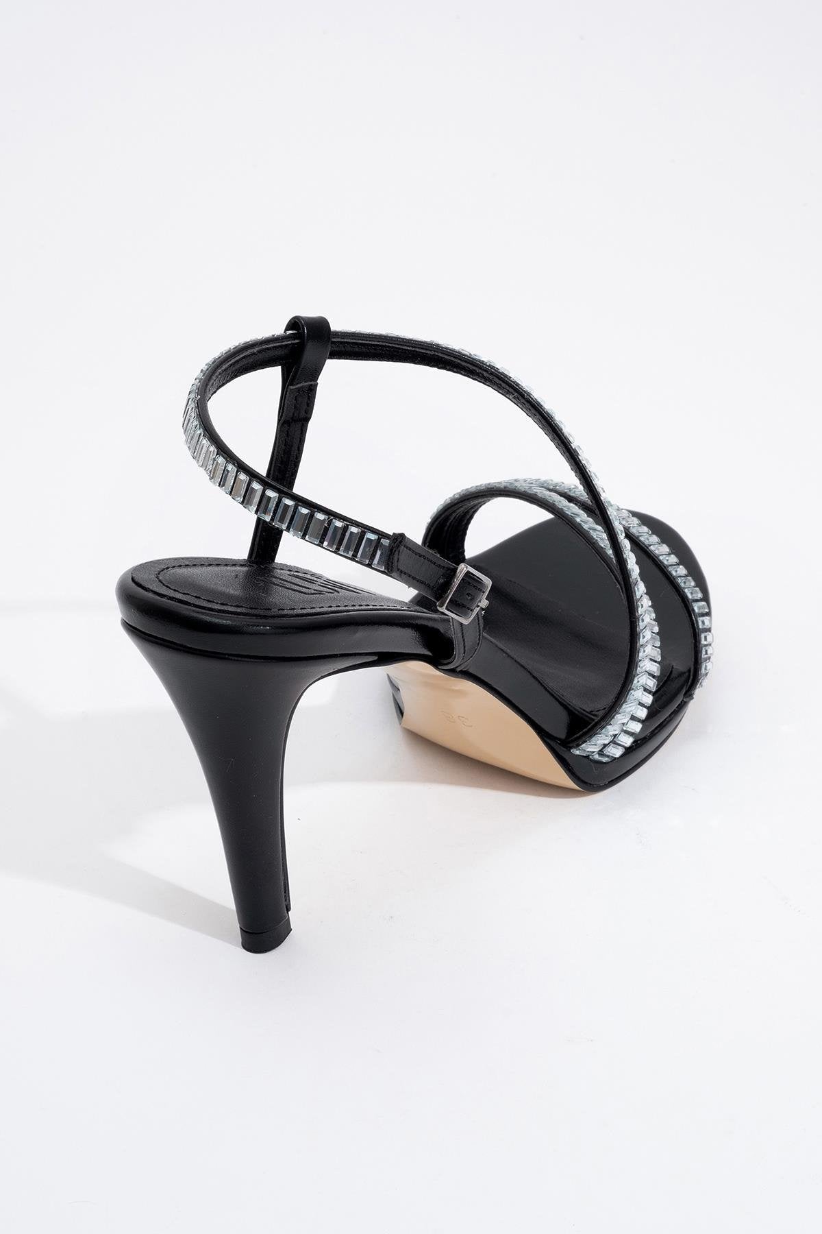 Nuevo - Black Jeweled High-Heel Dress Shoe – heel view showing leather, black, SimmiUnique