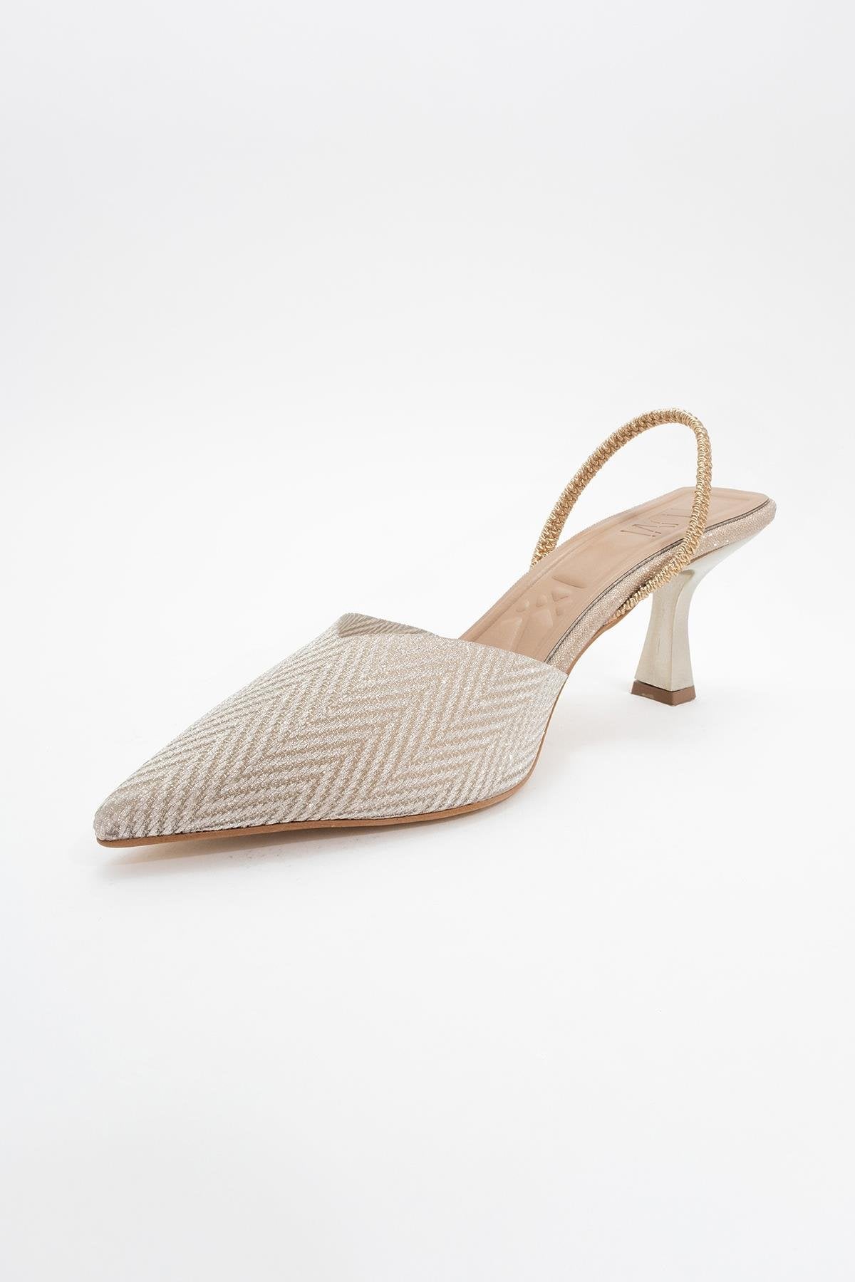Renos - Gold Glitter Pointed Toe Dress Pump – heel view showing leather, glitter, gold, SimmiUnique