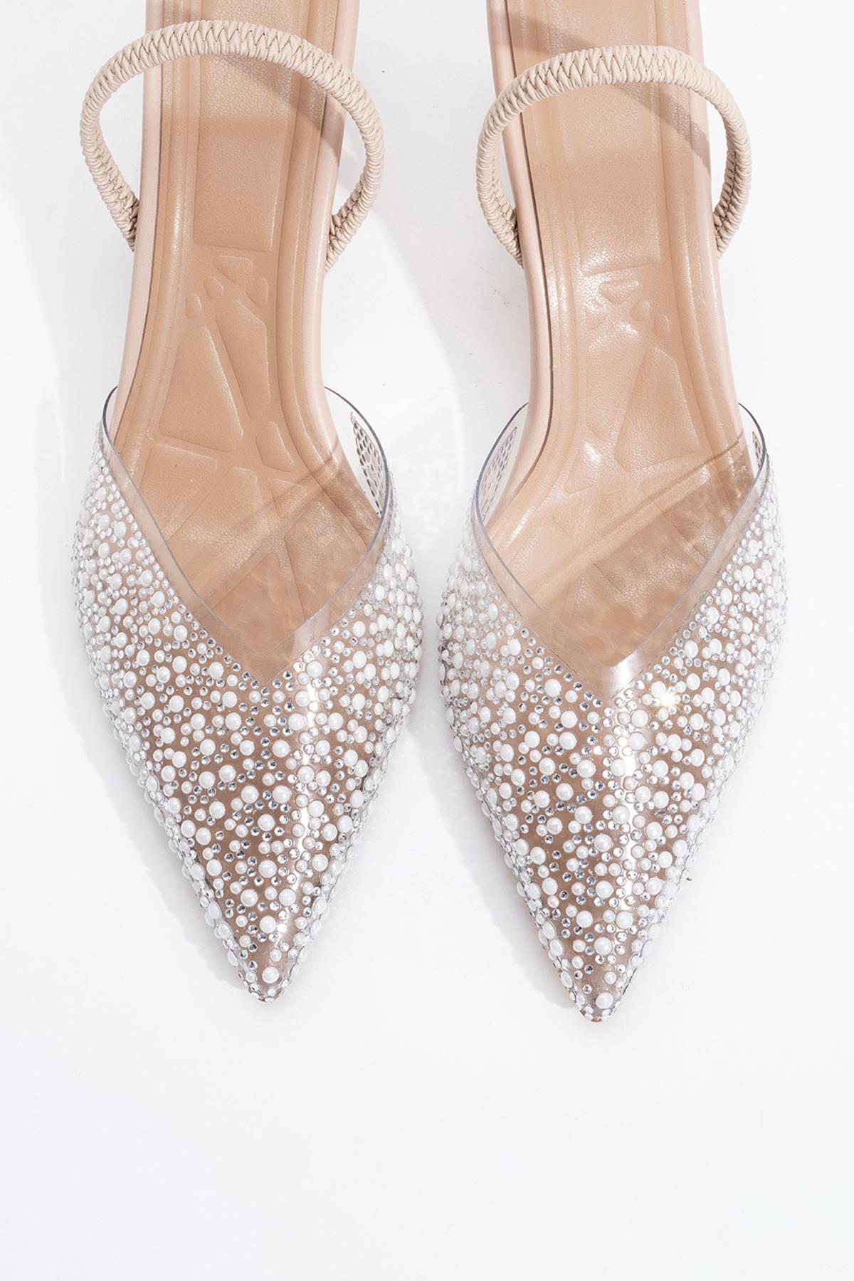 Whena - Clear Slingback Kitten Heels with Embellishments – side view showing pearl, leather, nude, SimmiUnique
