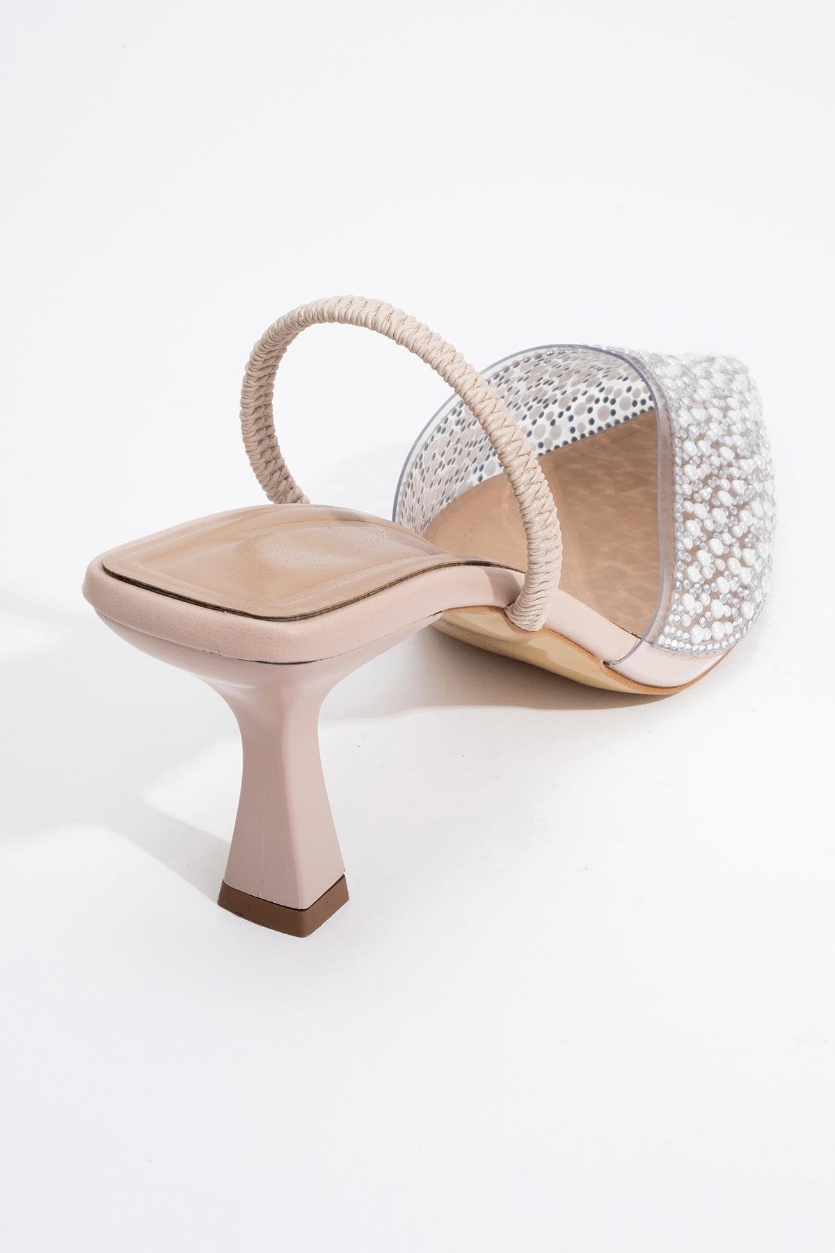 Whena - Clear Slingback Kitten Heels with Embellishments – heel view showing pearl, leather, nude, SimmiUnique