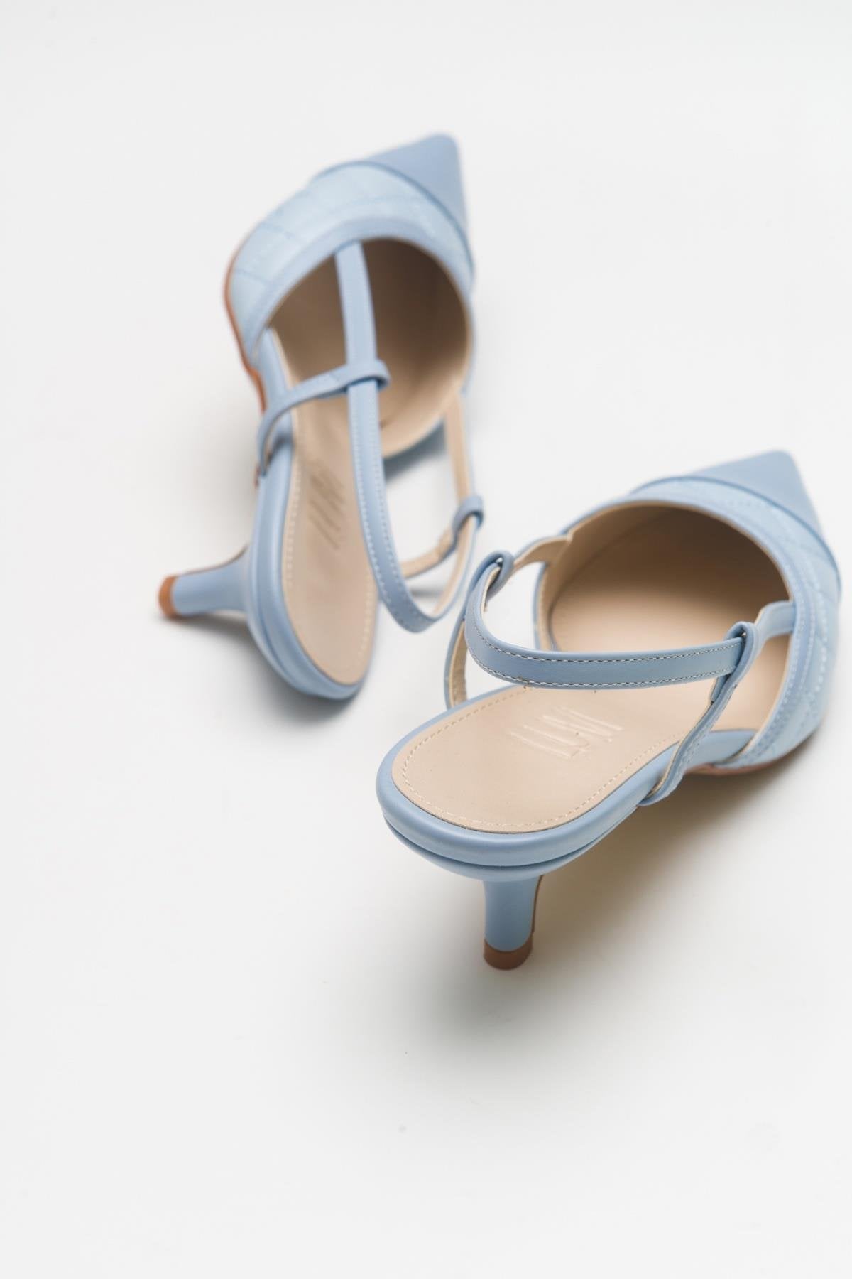 Point - Baby Blue Heeled Shoe – heel view showing leather, blue, SimmiUnique