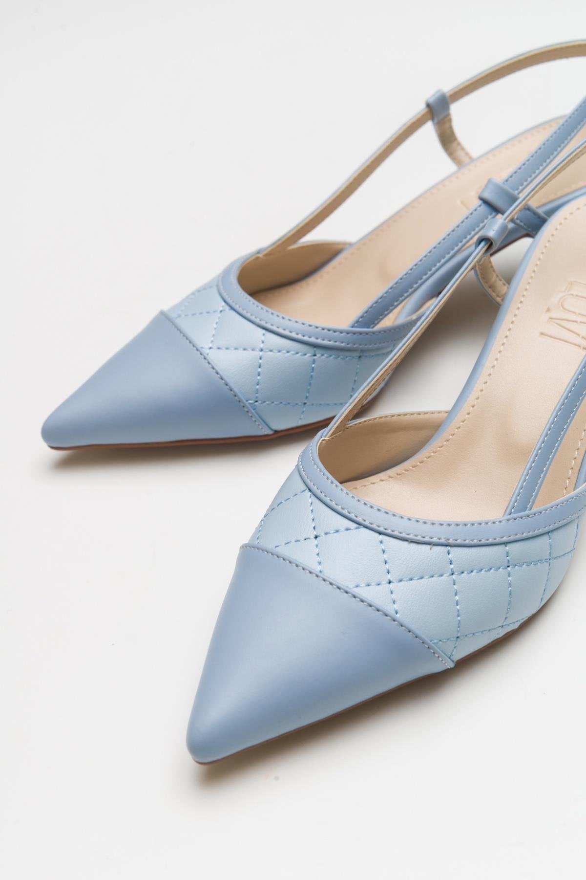 Point - Baby Blue Heeled Shoe – back view showing leather, blue, SimmiUnique