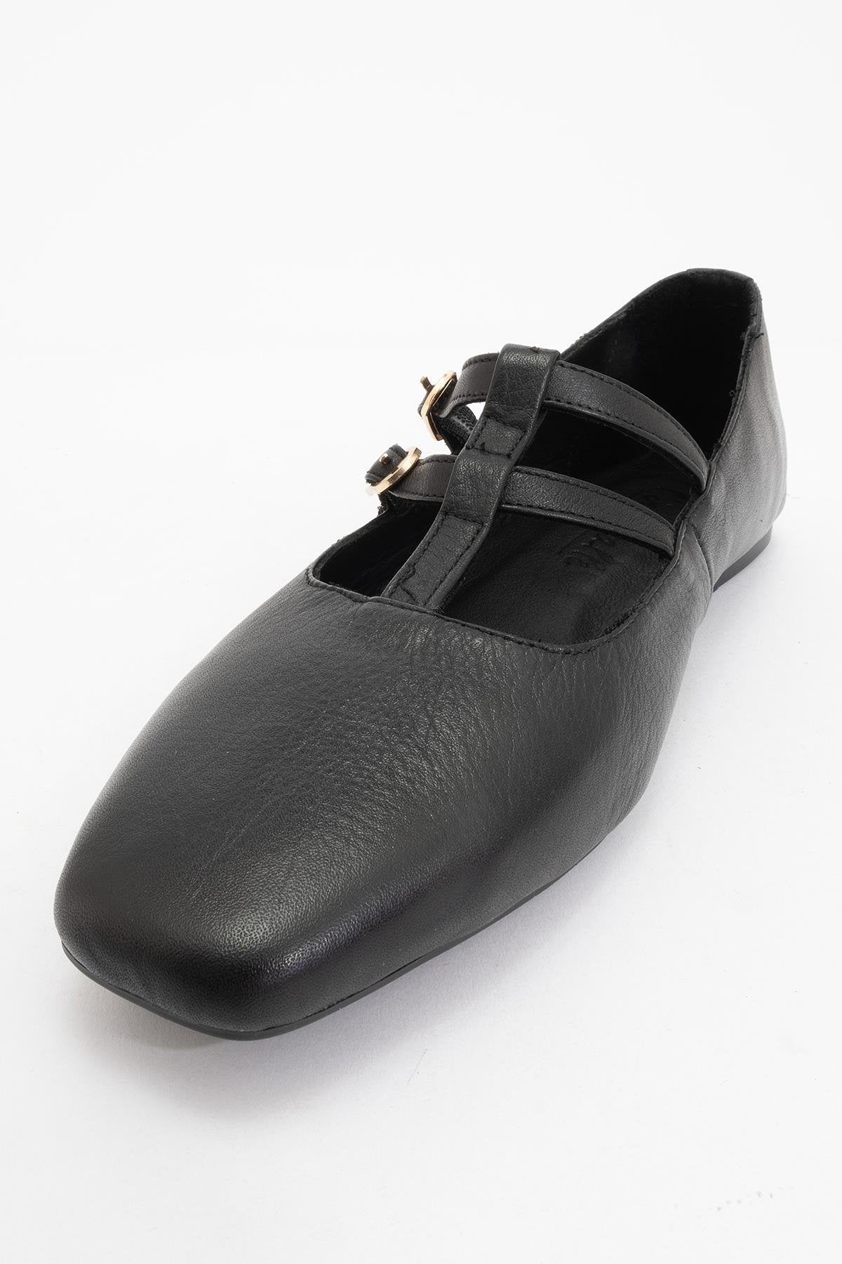 Starling - Black Leather Mary Jane Flats – detail view showing leather, black, red, SimmiUnique