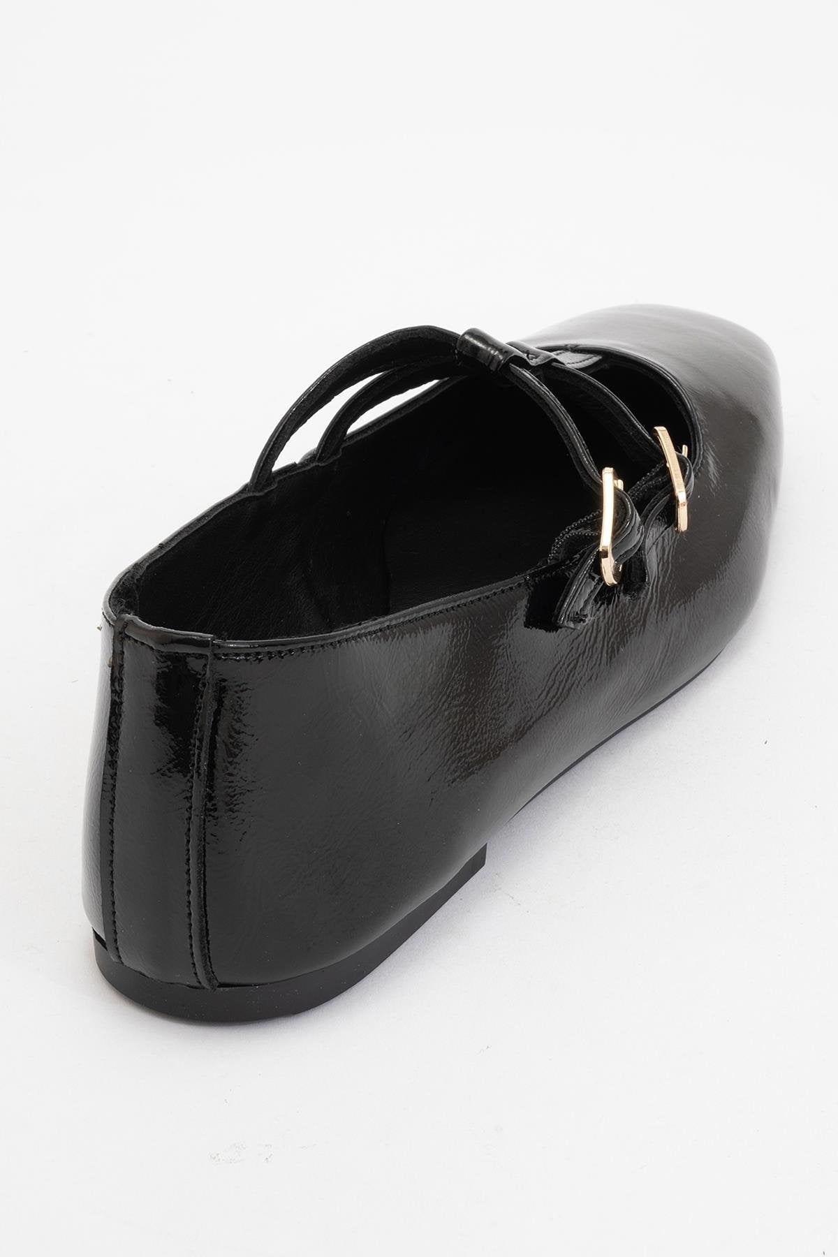 Starling - Black Patent Leather Mary Jane Flats – heel view showing leather, black, red, SimmiUnique