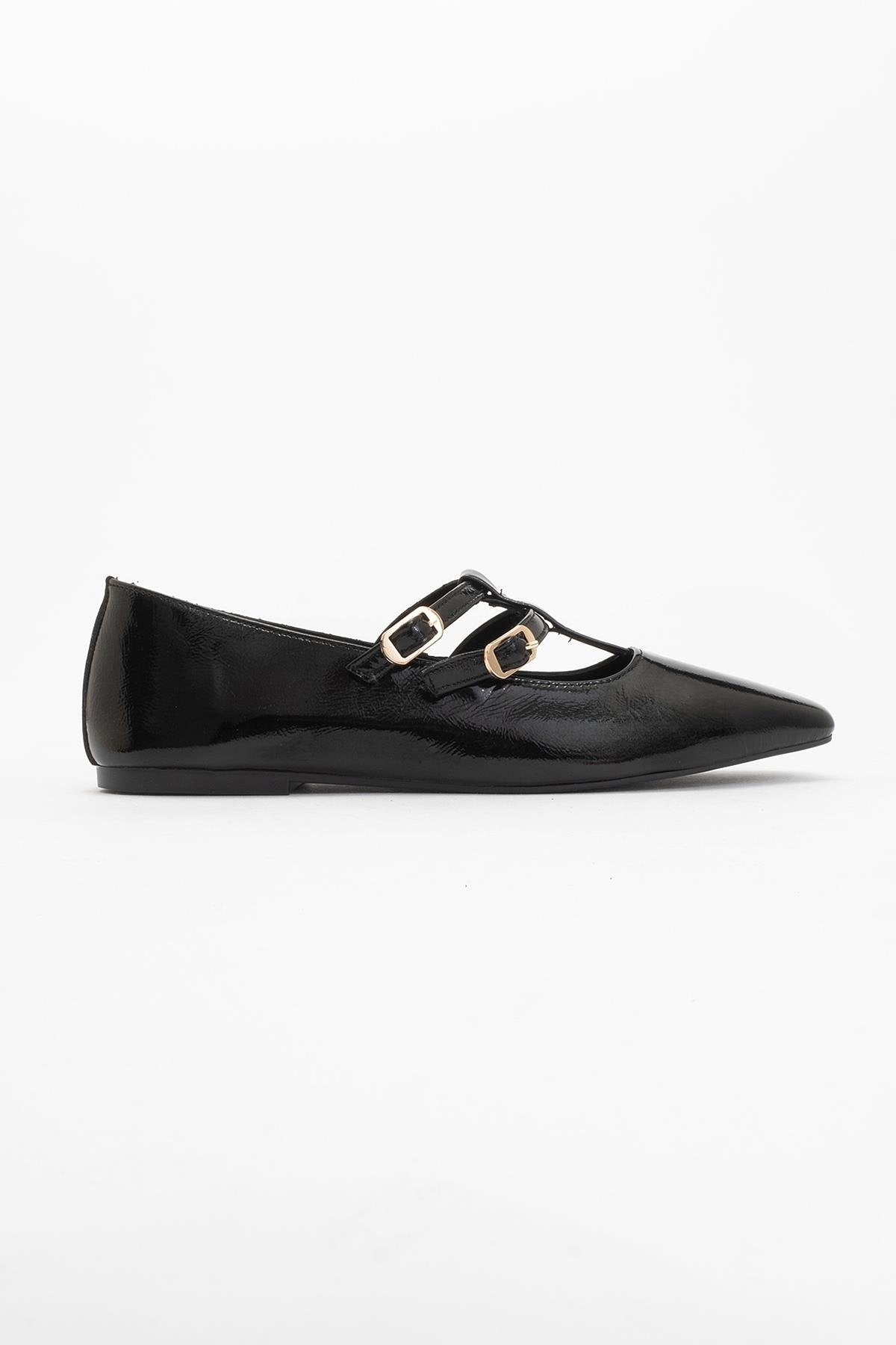 Starling - Black Patent Leather Mary Jane Flats – back view showing leather, black, red, SimmiUnique