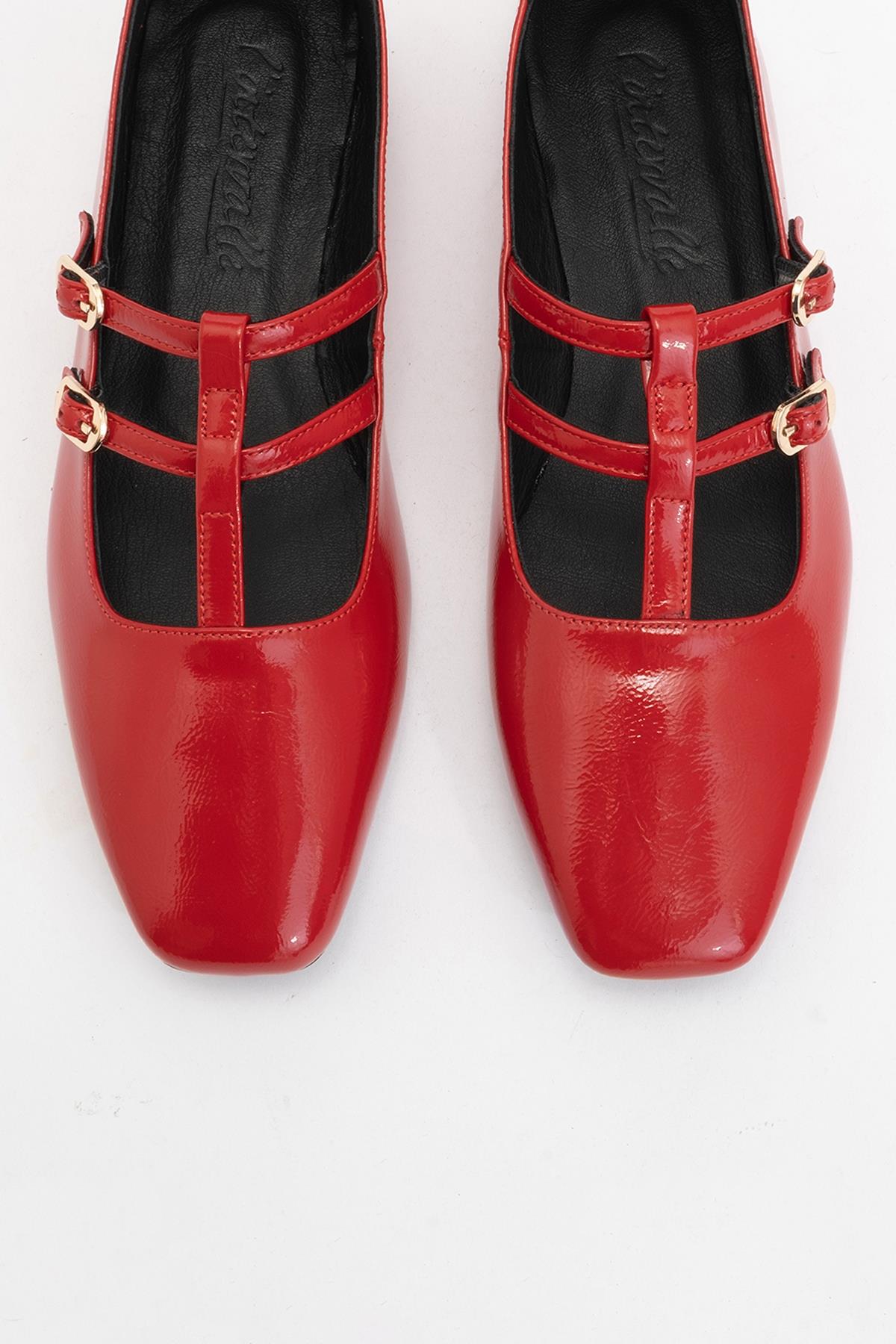 Starling - Red Leather Mary Jane Flats – side view showing leather, red, SimmiUnique