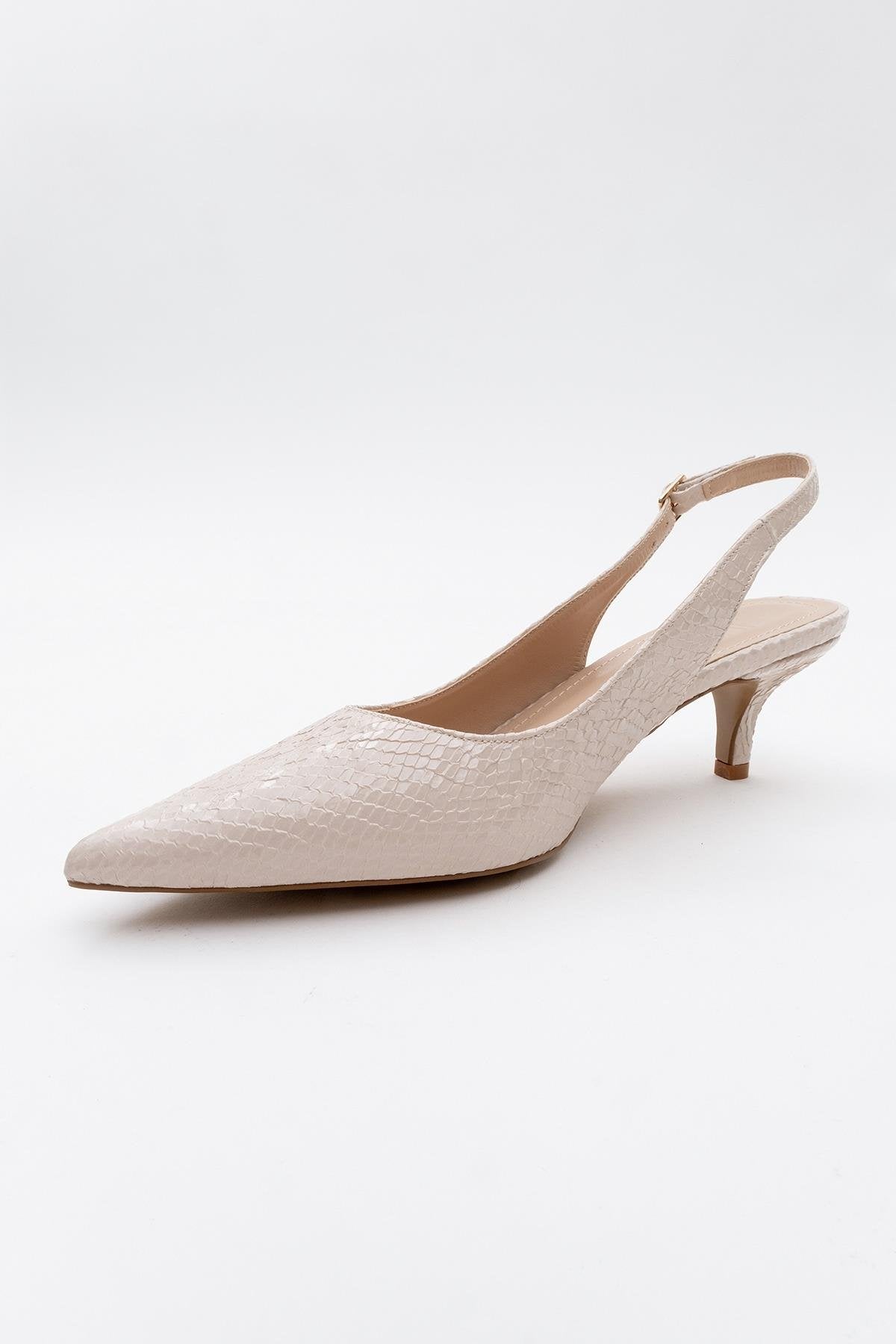 Value - Beige Patterned Heeled Shoe – detail view showing leather, SimmiUnique