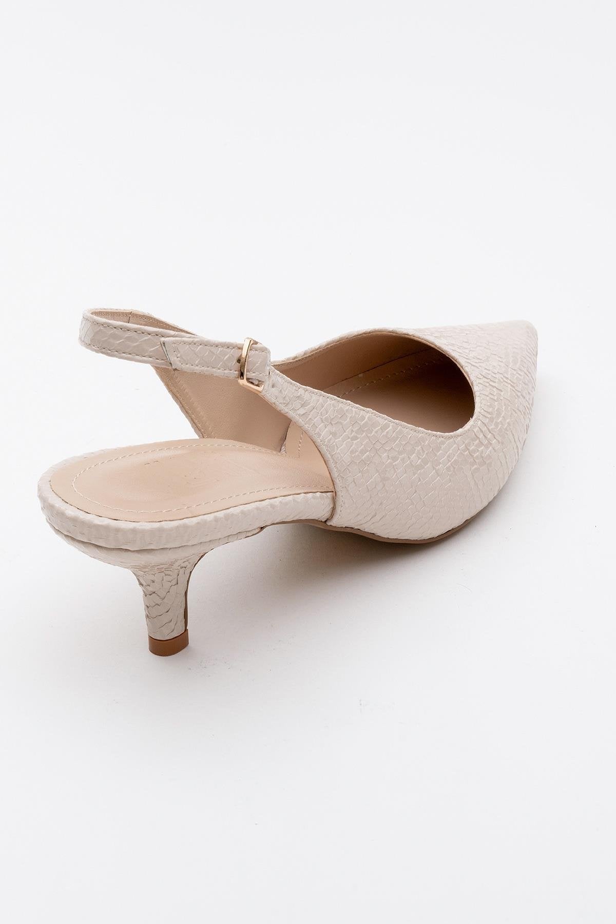 Value - Beige Patterned Heeled Shoe – heel view showing leather, SimmiUnique
