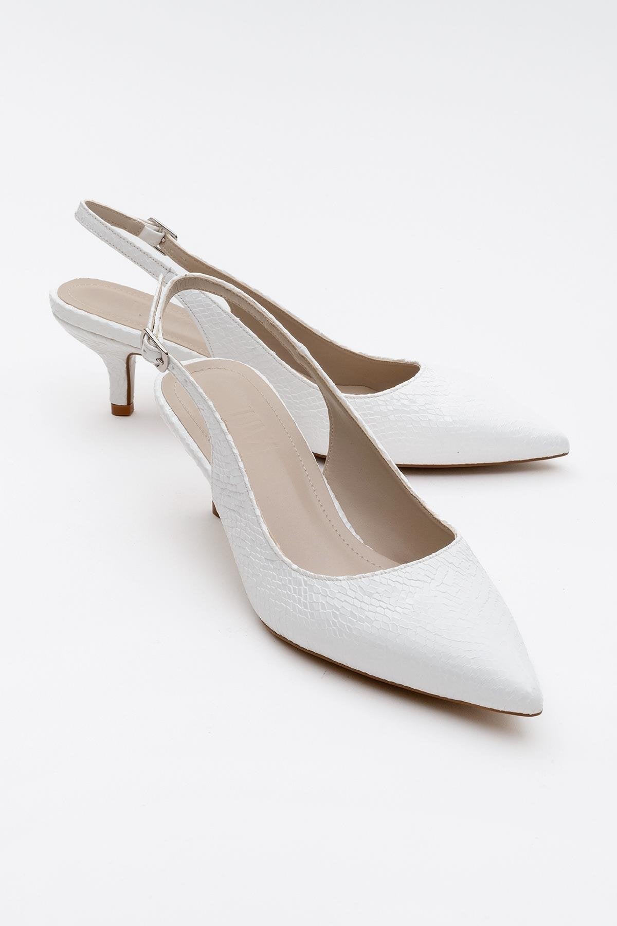 Value - White Patterned Heeled Shoe – front three-quarter view showing leather, white, SimmiUnique