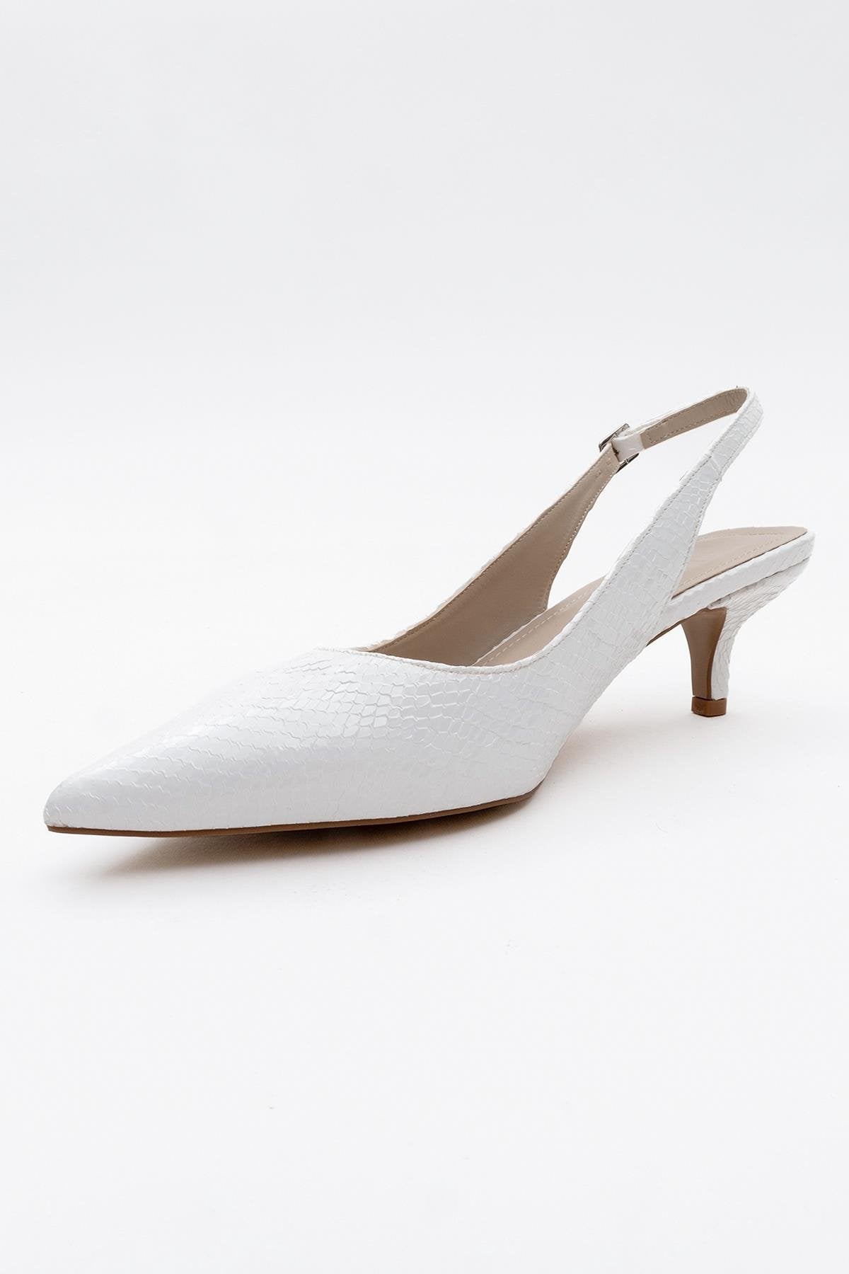 Value - White Patterned Heeled Shoe – detail view showing leather, white, SimmiUnique