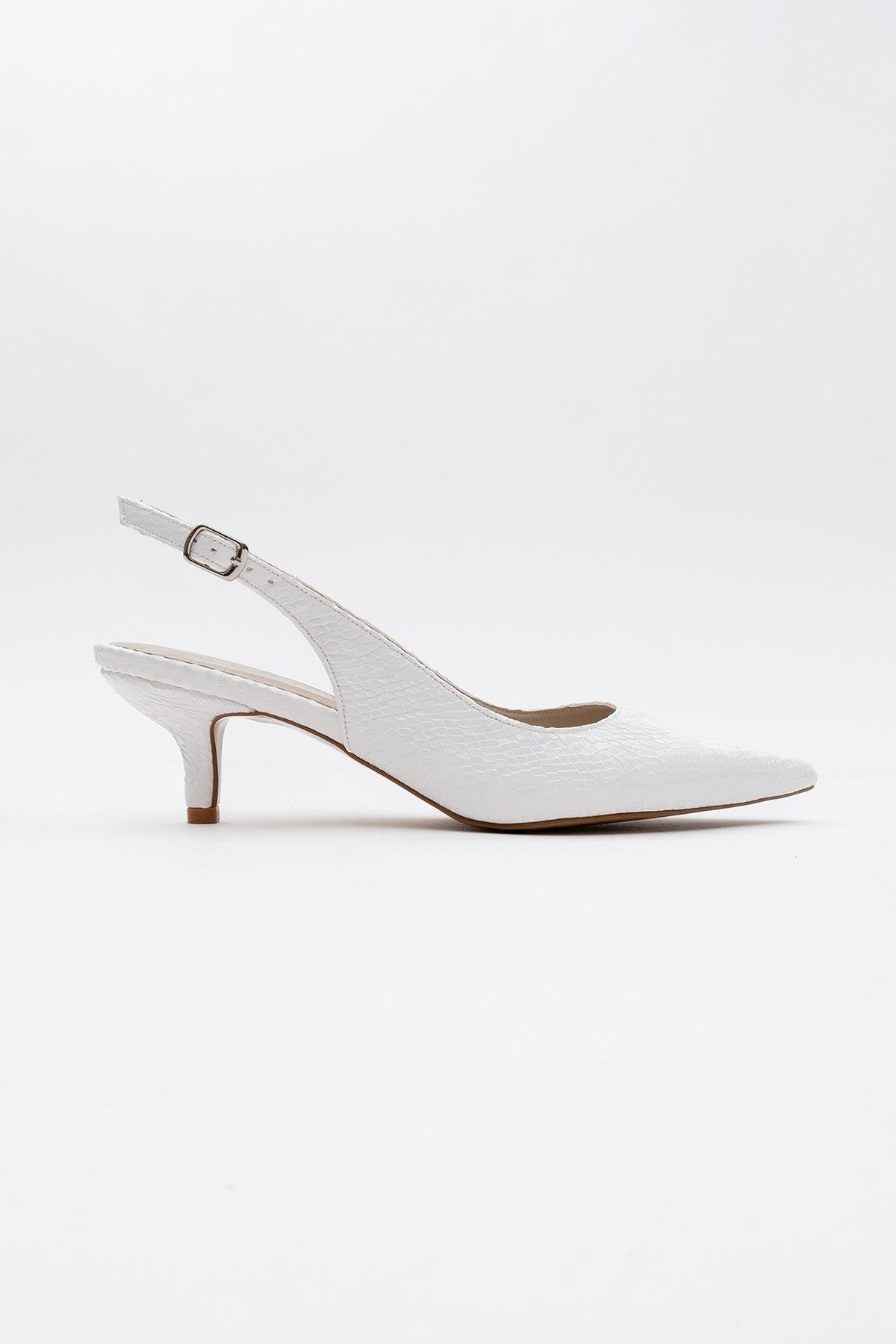 Value - White Patterned Heeled Shoe – back view showing leather, white, SimmiUnique