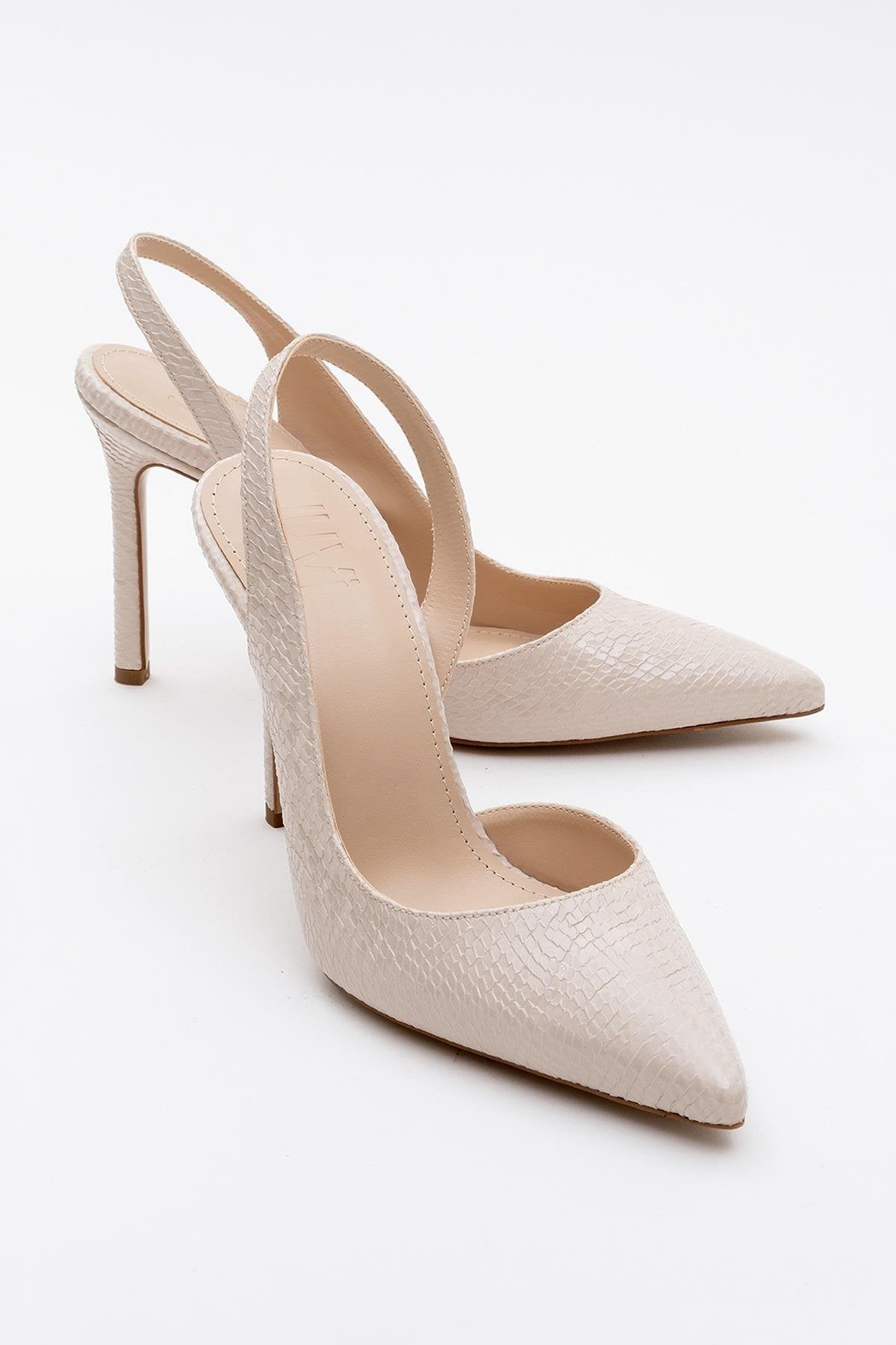 Twine - Beige Patterned Heeled Shoe – front three-quarter view showing leather, SimmiUnique