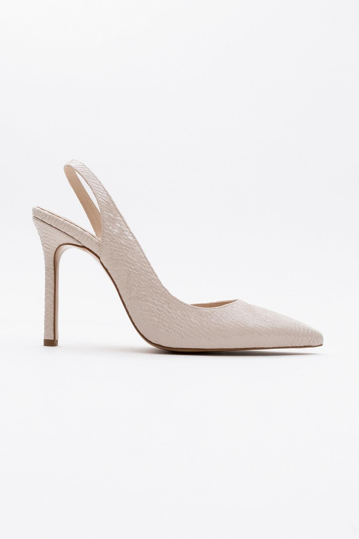 Twine - Beige Patterned Heeled Shoe – back view showing leather, SimmiUnique