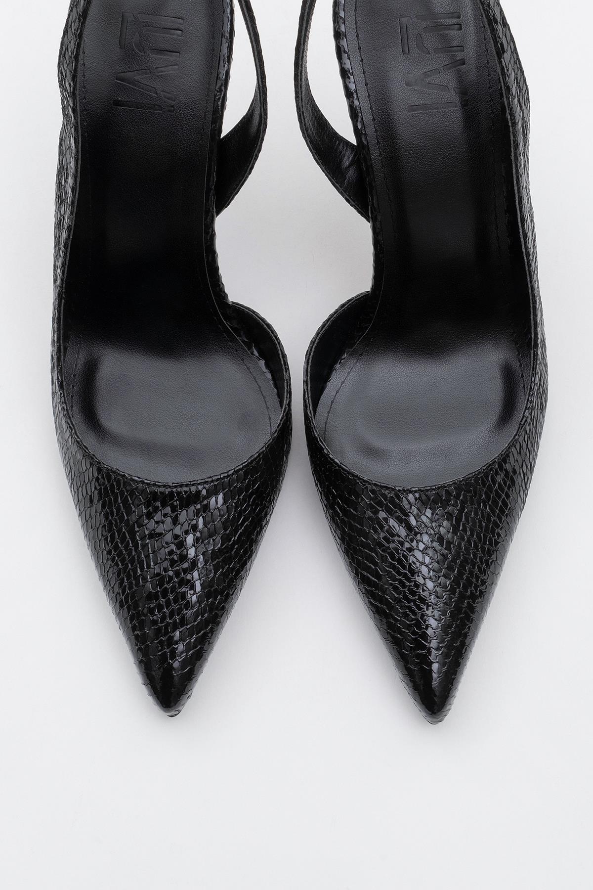 Twine - Black Patterned Heeled Shoe – side view showing leather, black, SimmiUnique