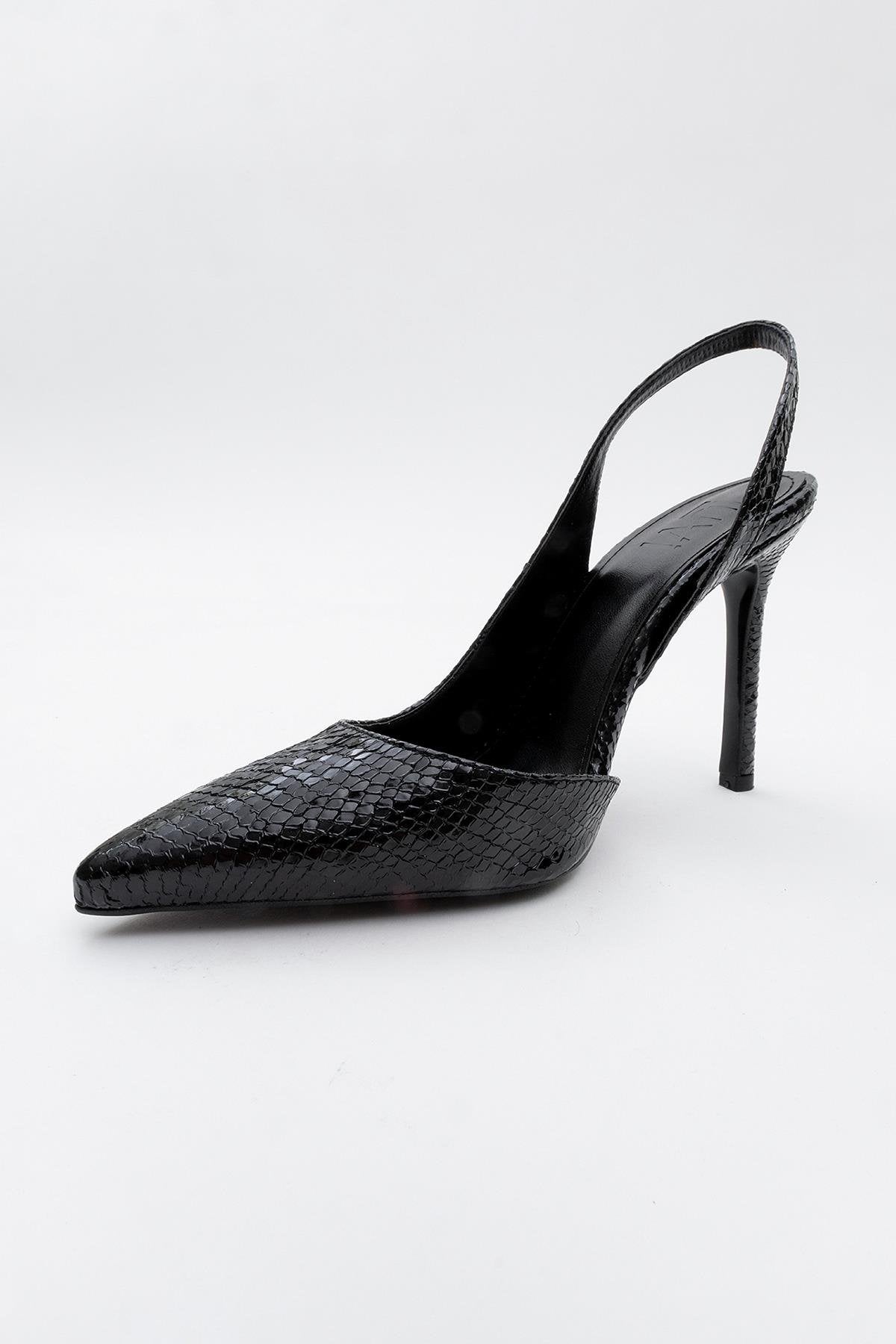 Twine - Black Patterned Heeled Shoe – detail view showing leather, black, SimmiUnique