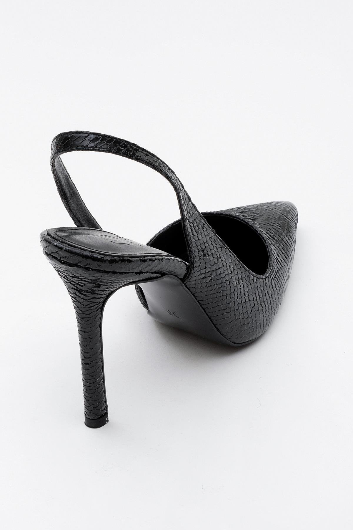 Twine - Black Patterned Heeled Shoe – heel view showing leather, black, SimmiUnique