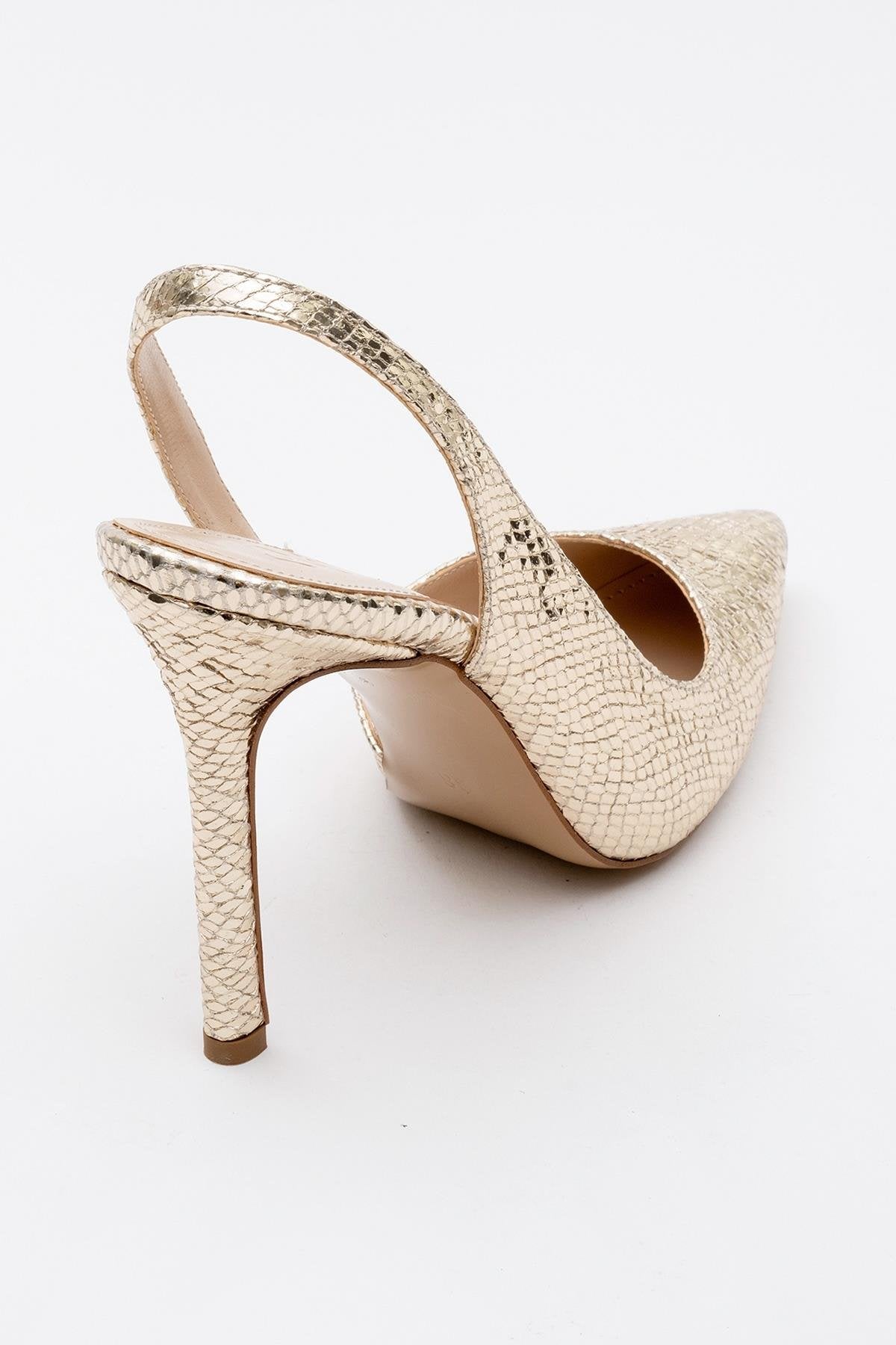 Twine - Gold Patterned High Heel – heel view showing leather, gold, SimmiUnique