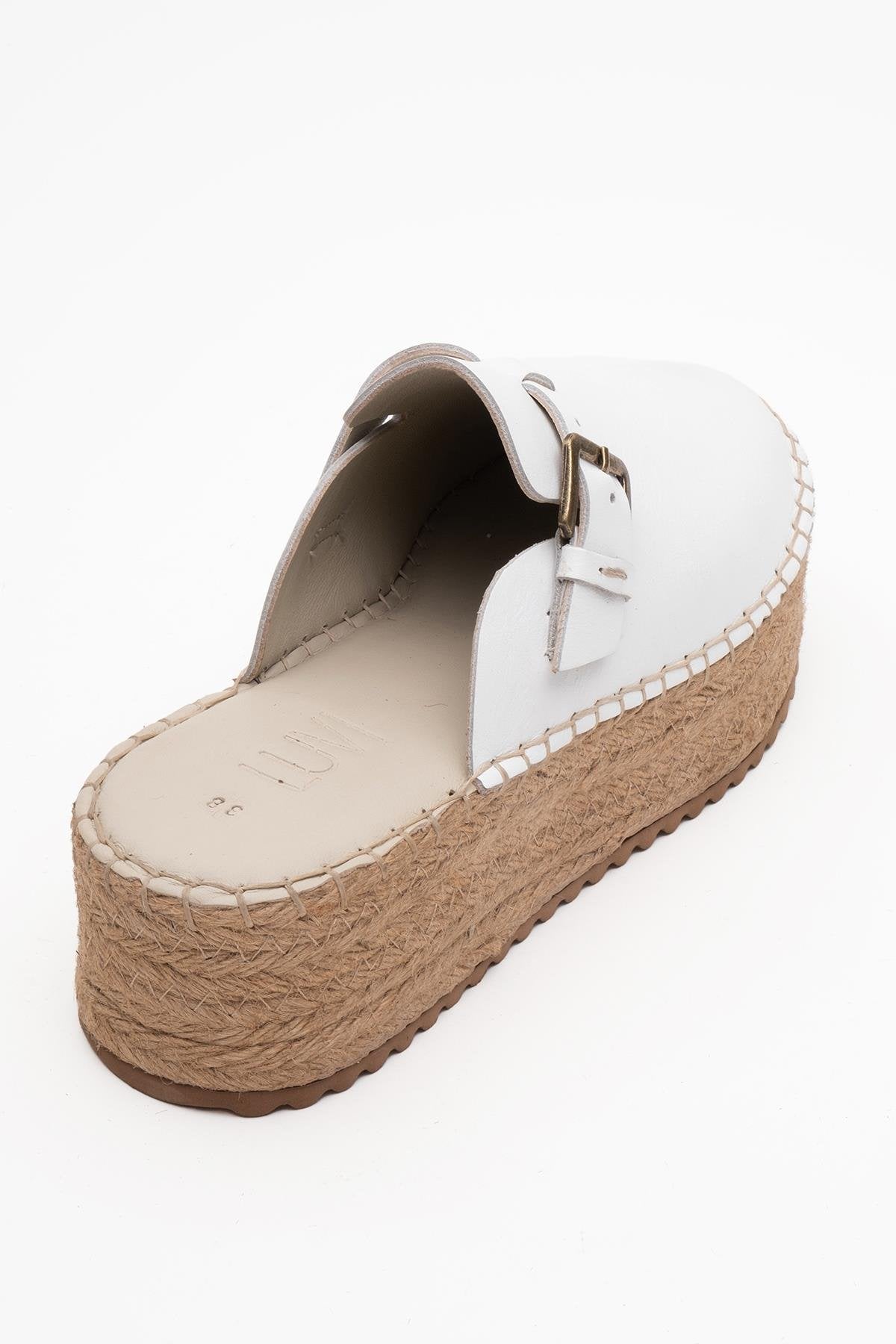 Novas - White Leather Platform Espadrille Mule – heel view showing leather, white, red, SimmiUnique