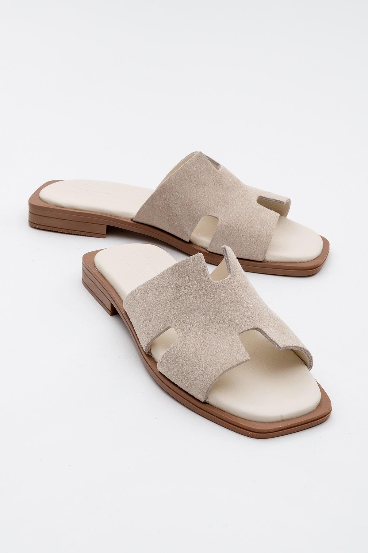 Jez - Beige Suede Leather Slide Sandal – front three-quarter view showing leather, suede, SimmiUnique