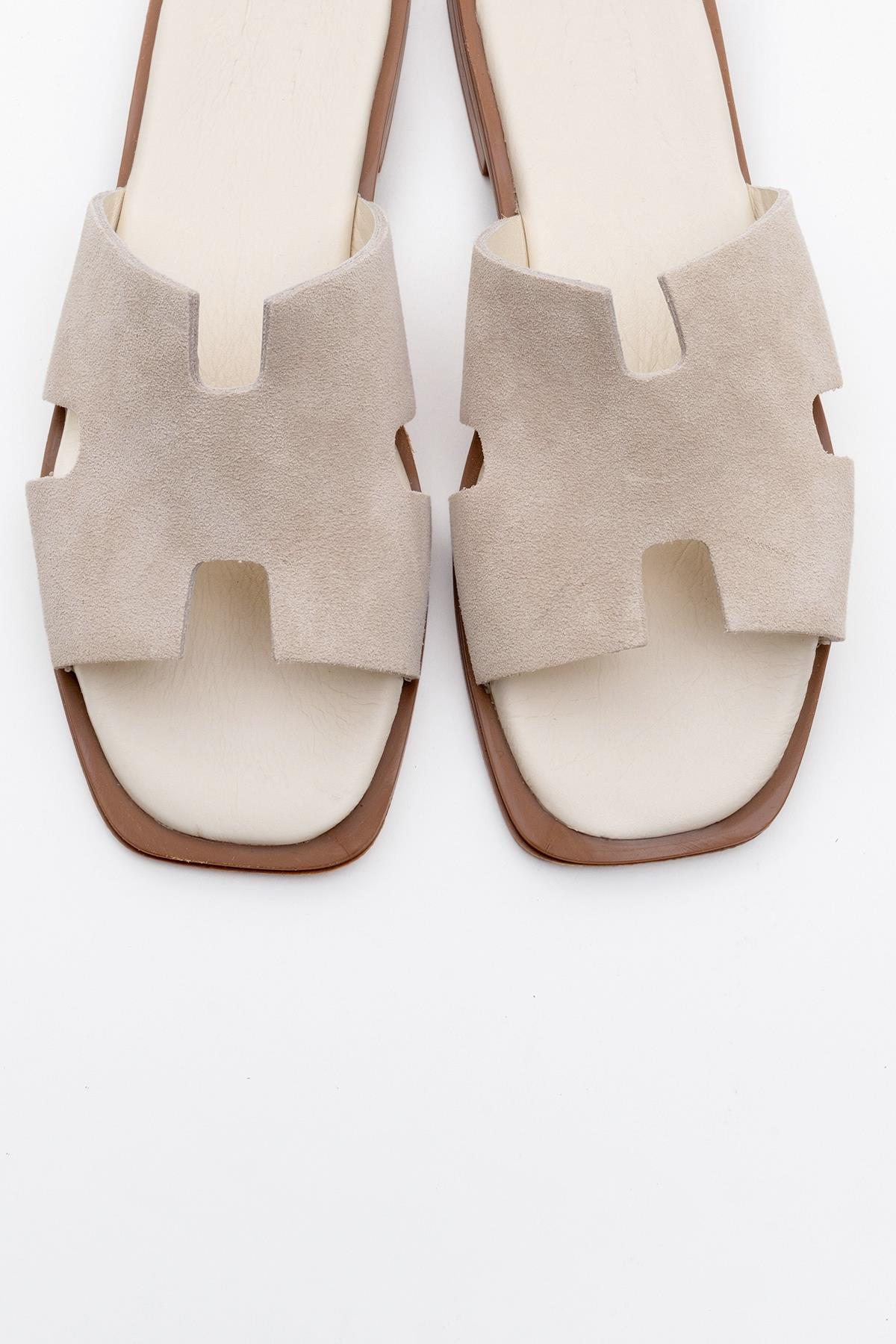 Jez - Beige Suede Leather Slide Sandal – side view showing leather, suede, SimmiUnique