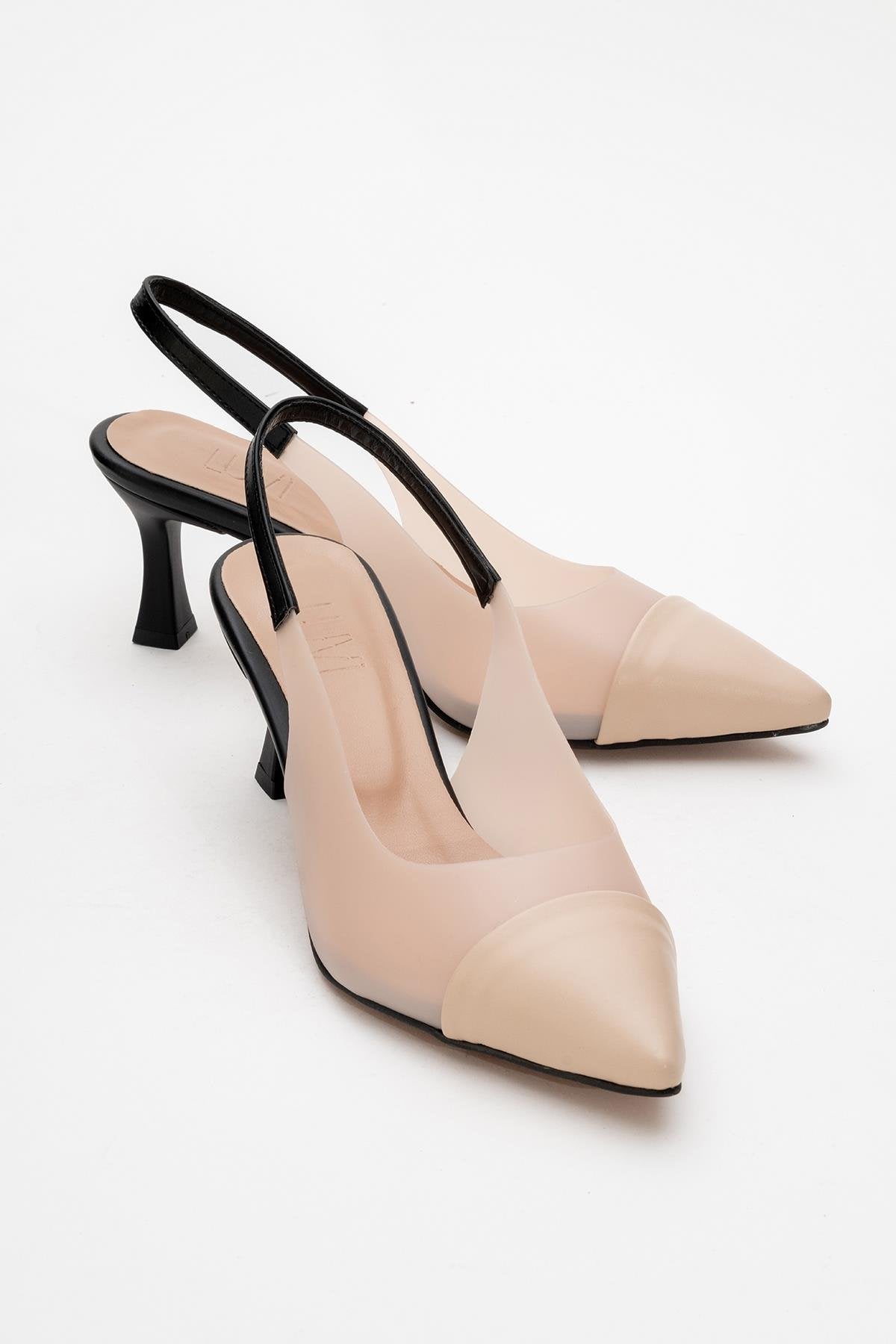 Moore - Nude/Black Transparent Open-Back Pointed Toe High Heel – front three-quarter view showing leather, black, nude…